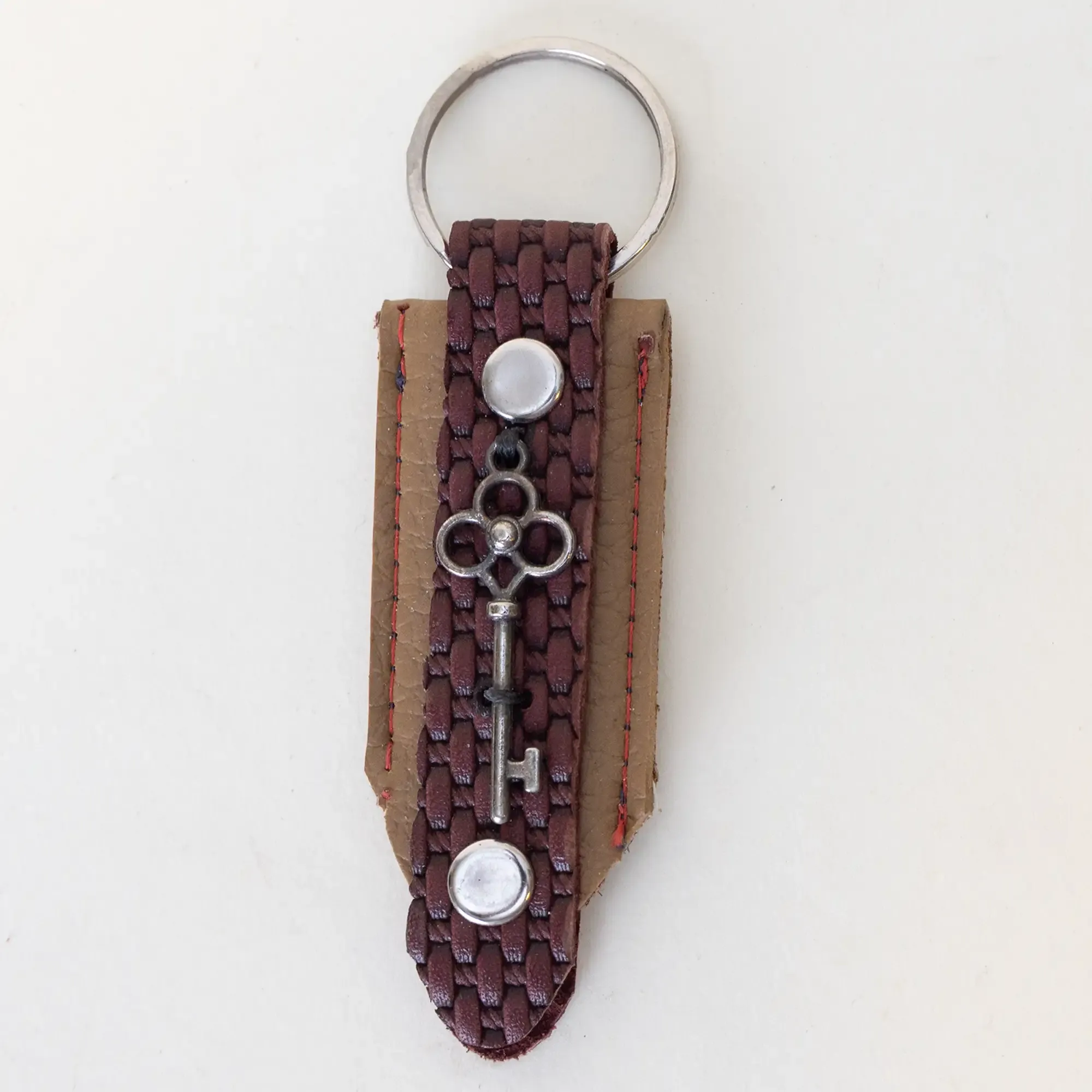 Natural Leather Keychain with Braided Leather Tag and Metal Key Charm