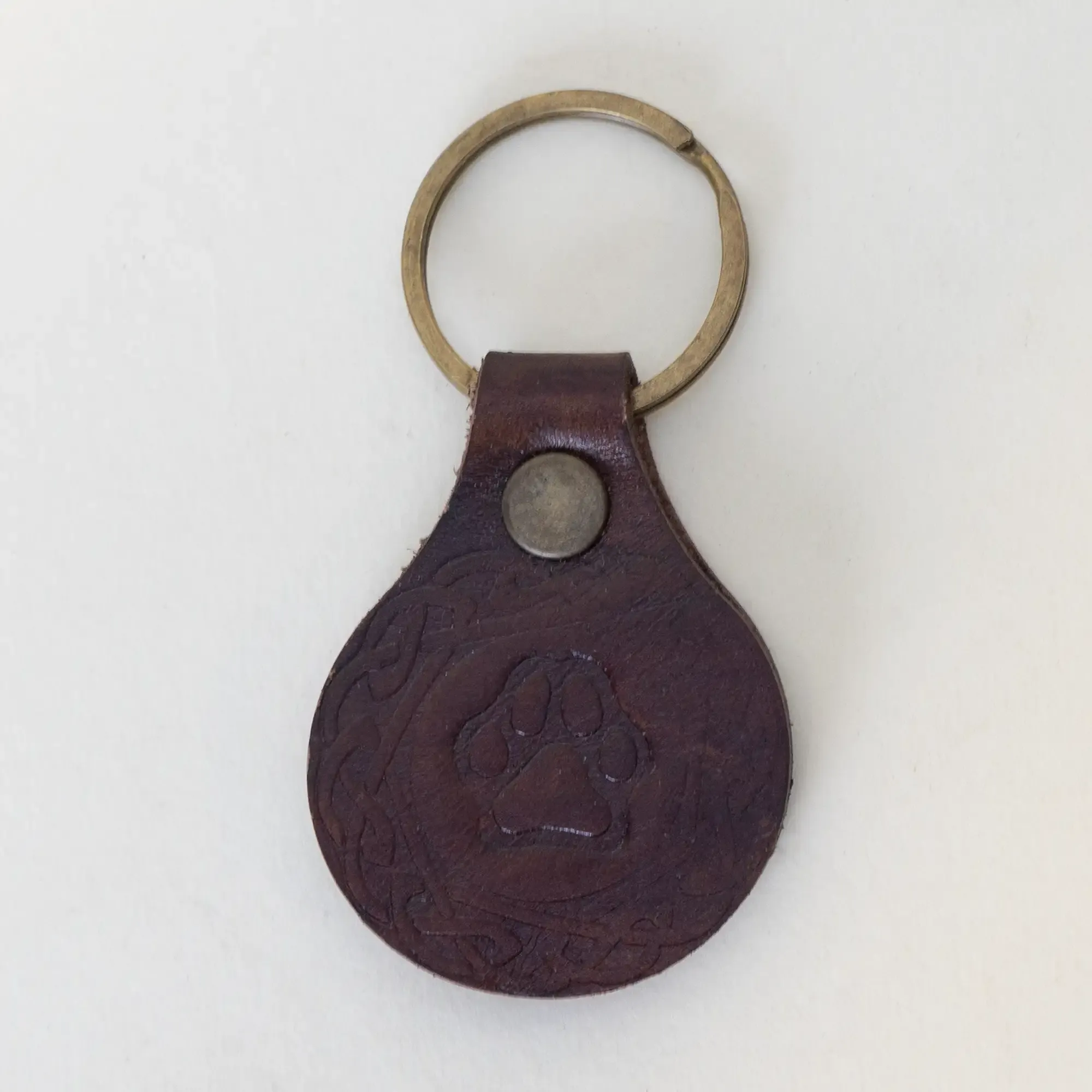 Artisan Natural Leather Keychain with Embossed Animal Paw Print