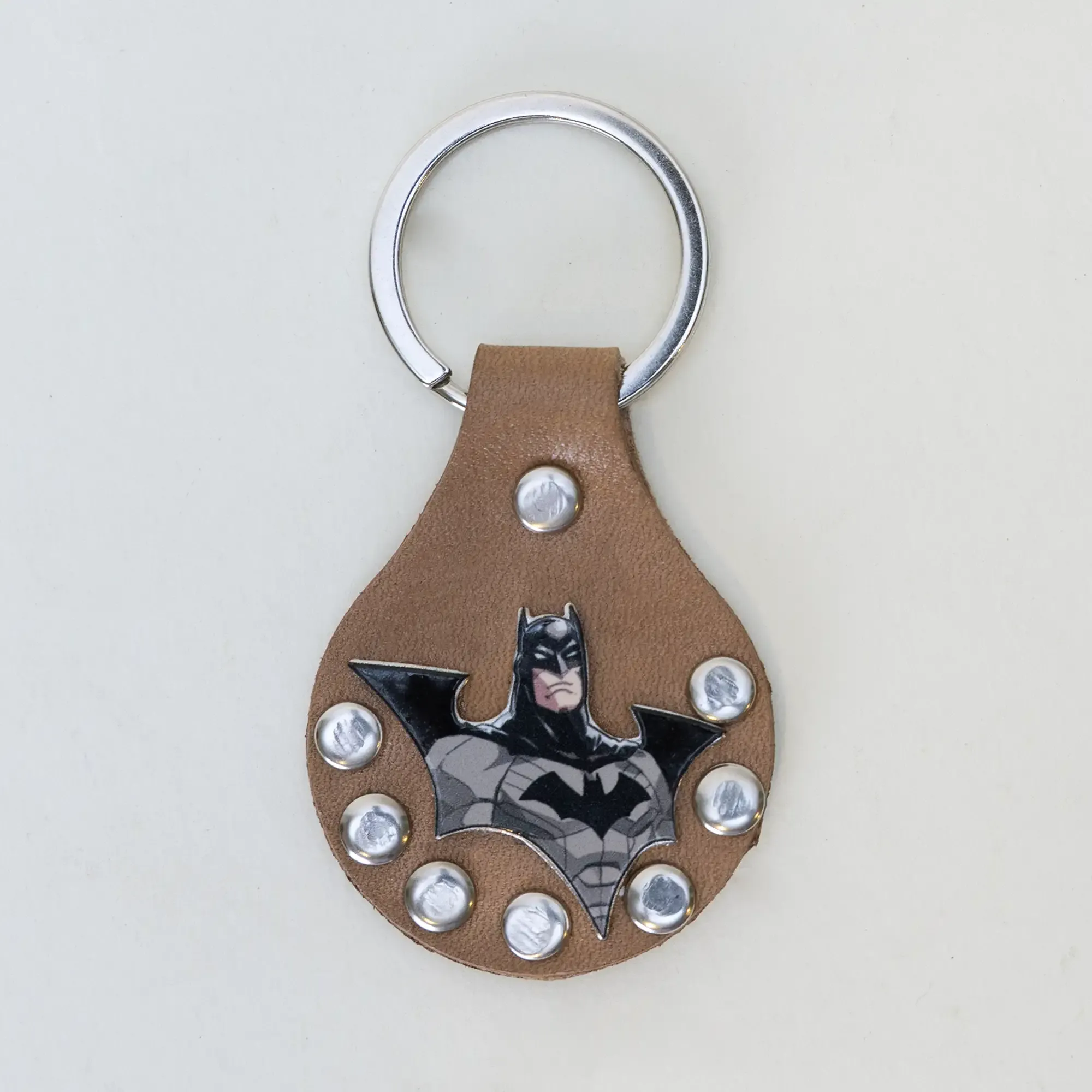 Handmade Natural Leather Keychain with Batman Character Emblem