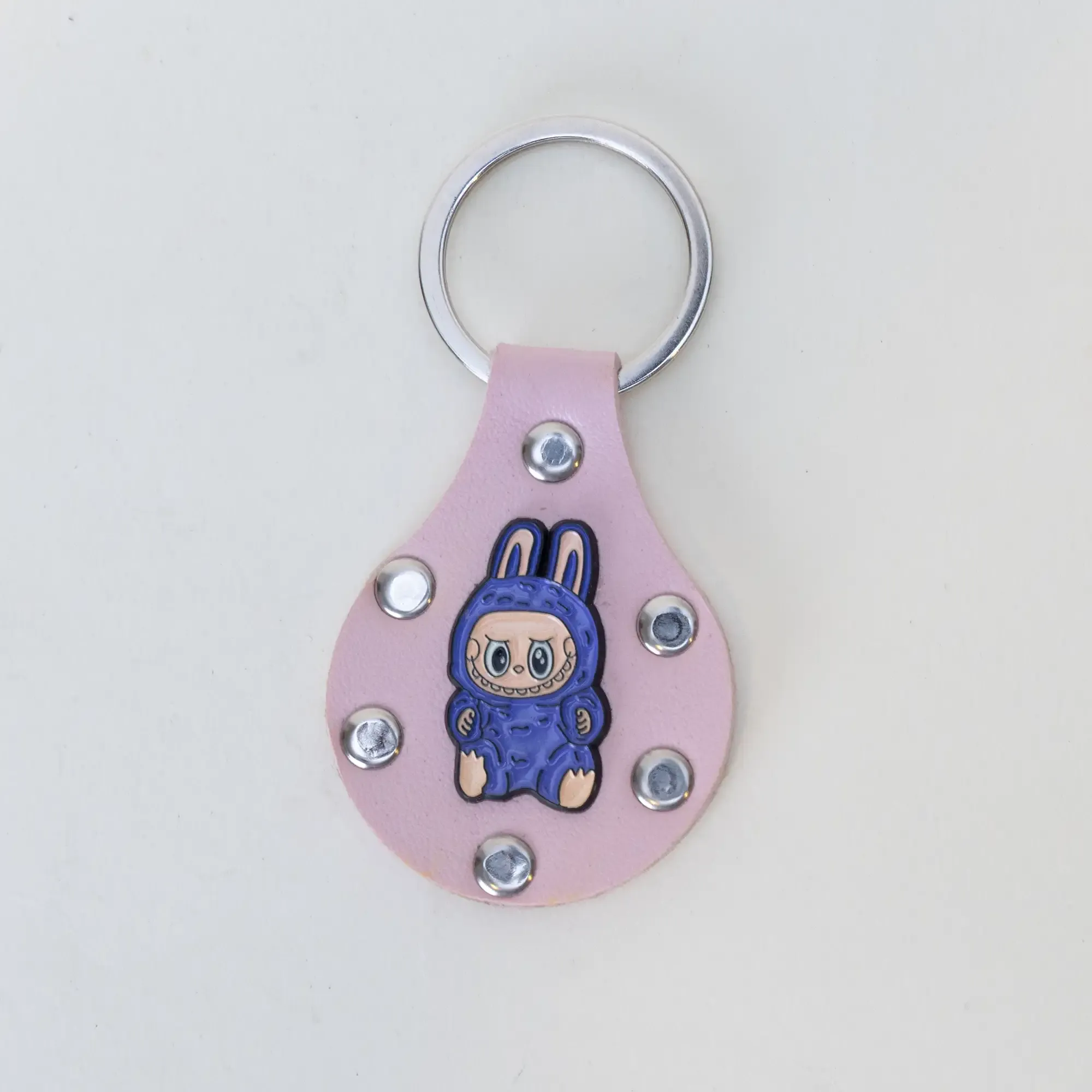 Handmade Leather Keychain with Blue Labubu Character with Studs