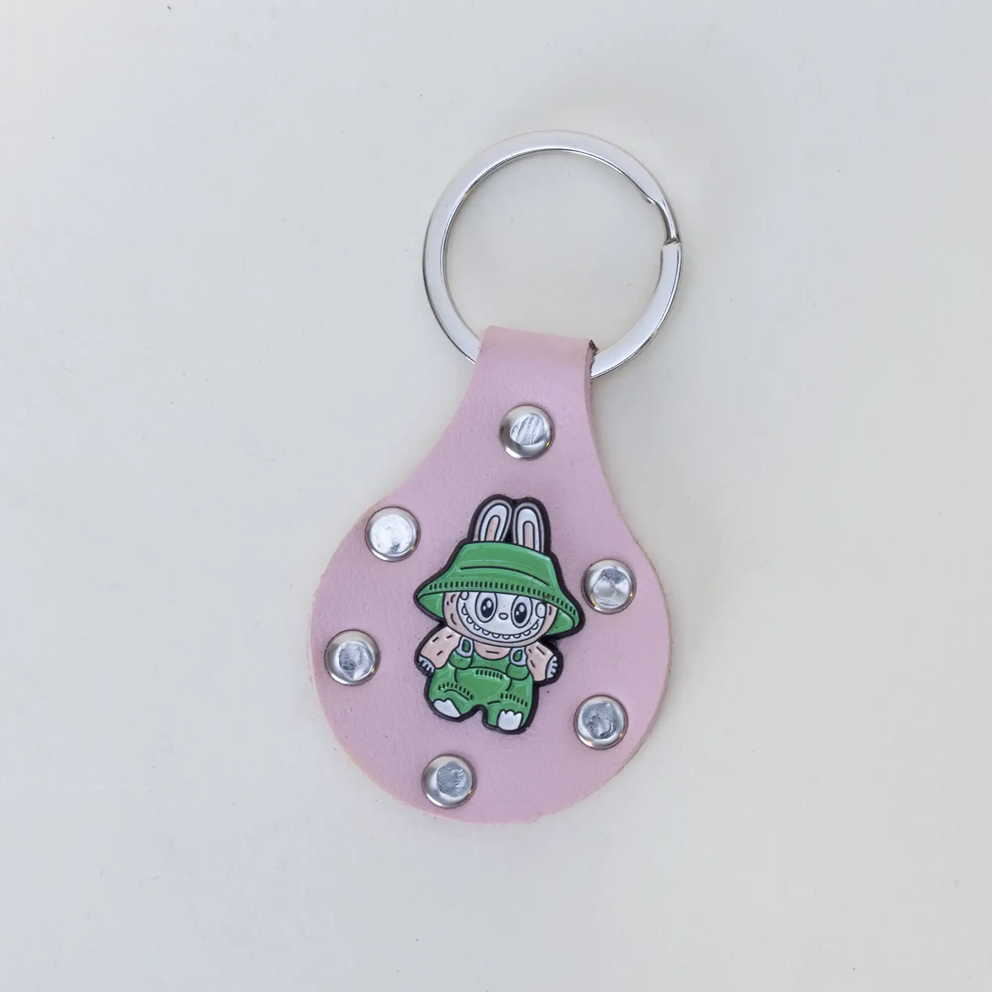 Natural Leather Keychain with Green Labubu Character with Studs
