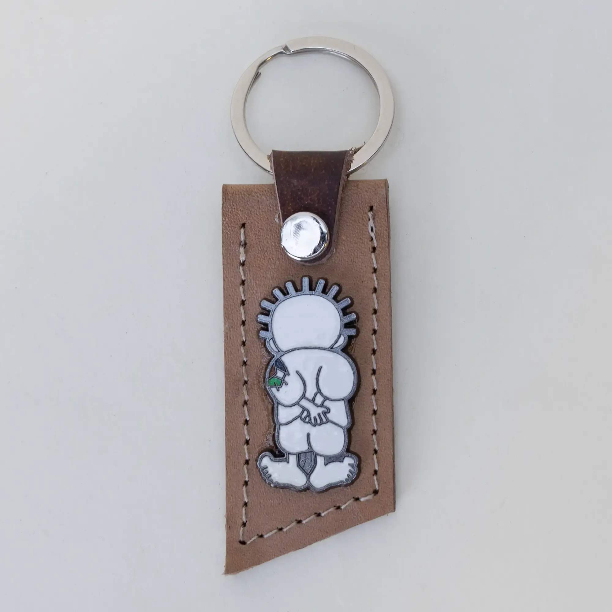 Natural Leather Keychain with Handala Character and Flower on Long Tag