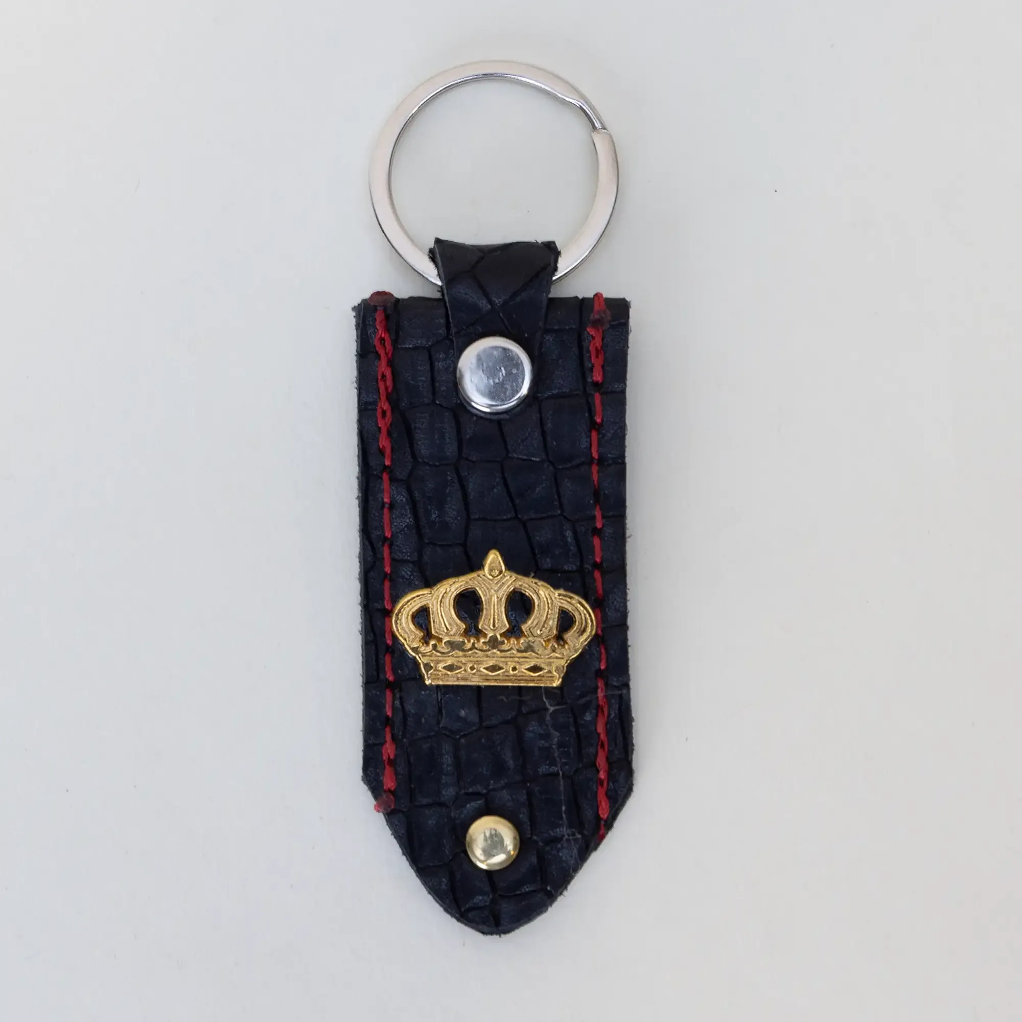 Artisan Natural Leather Keychain with Black Tag with Gold Crown