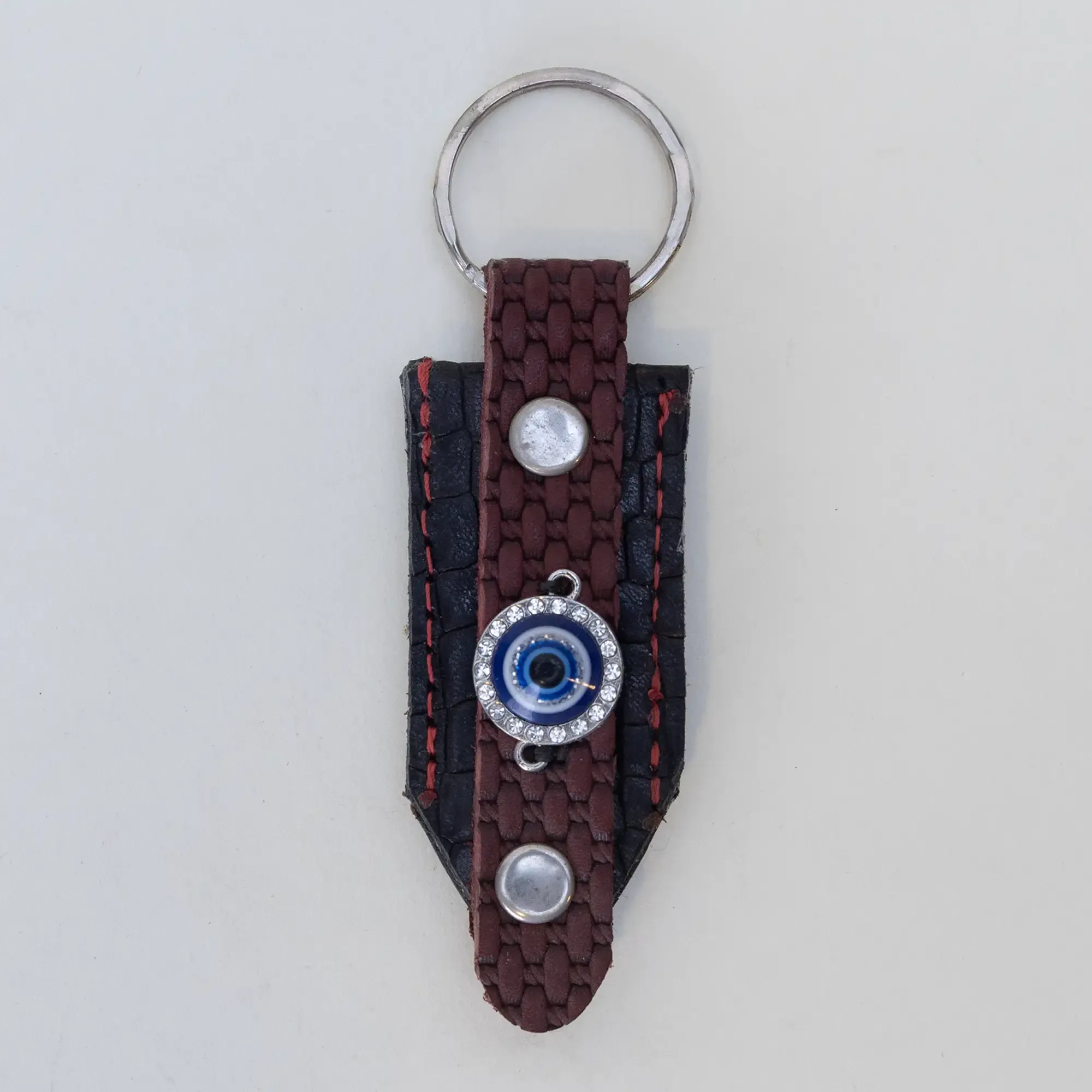 Natural Leather Keychain with Blue Evil Eye Bead Artisan Design