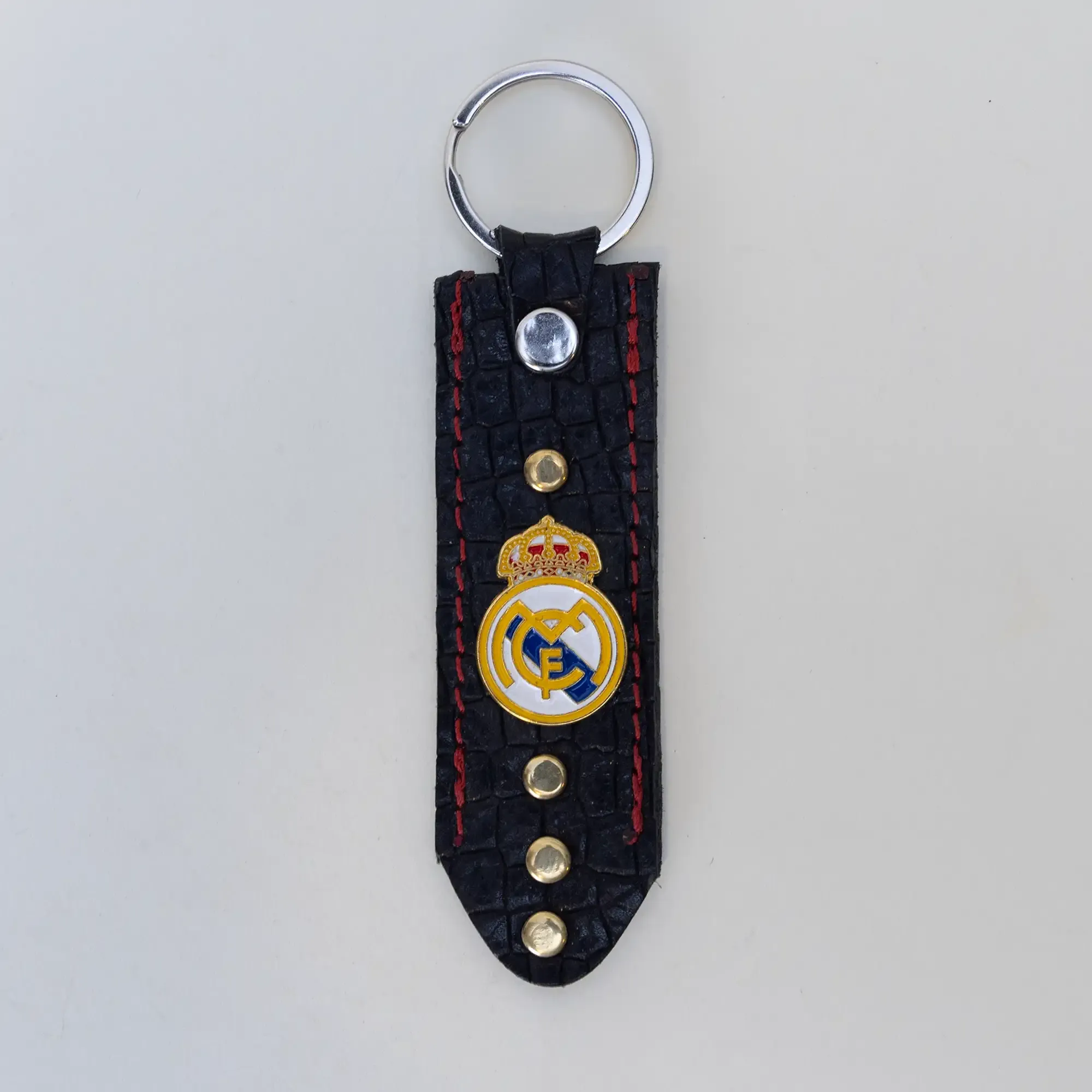 Natural Leather Keychain with Real Madrid Crest on Black Long Tag