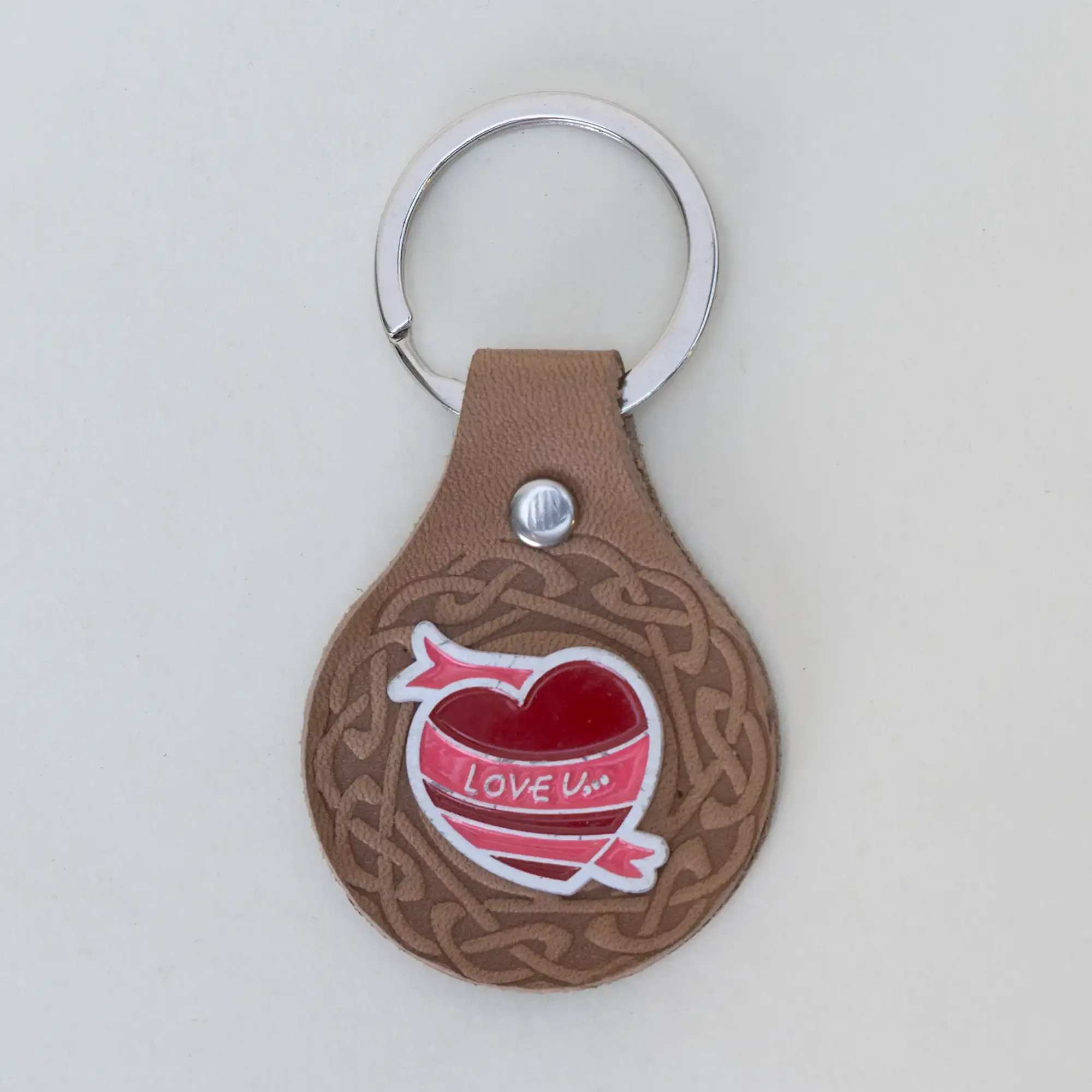 Natural Leather Keychain with Rose Emblem and I Love You Lettering