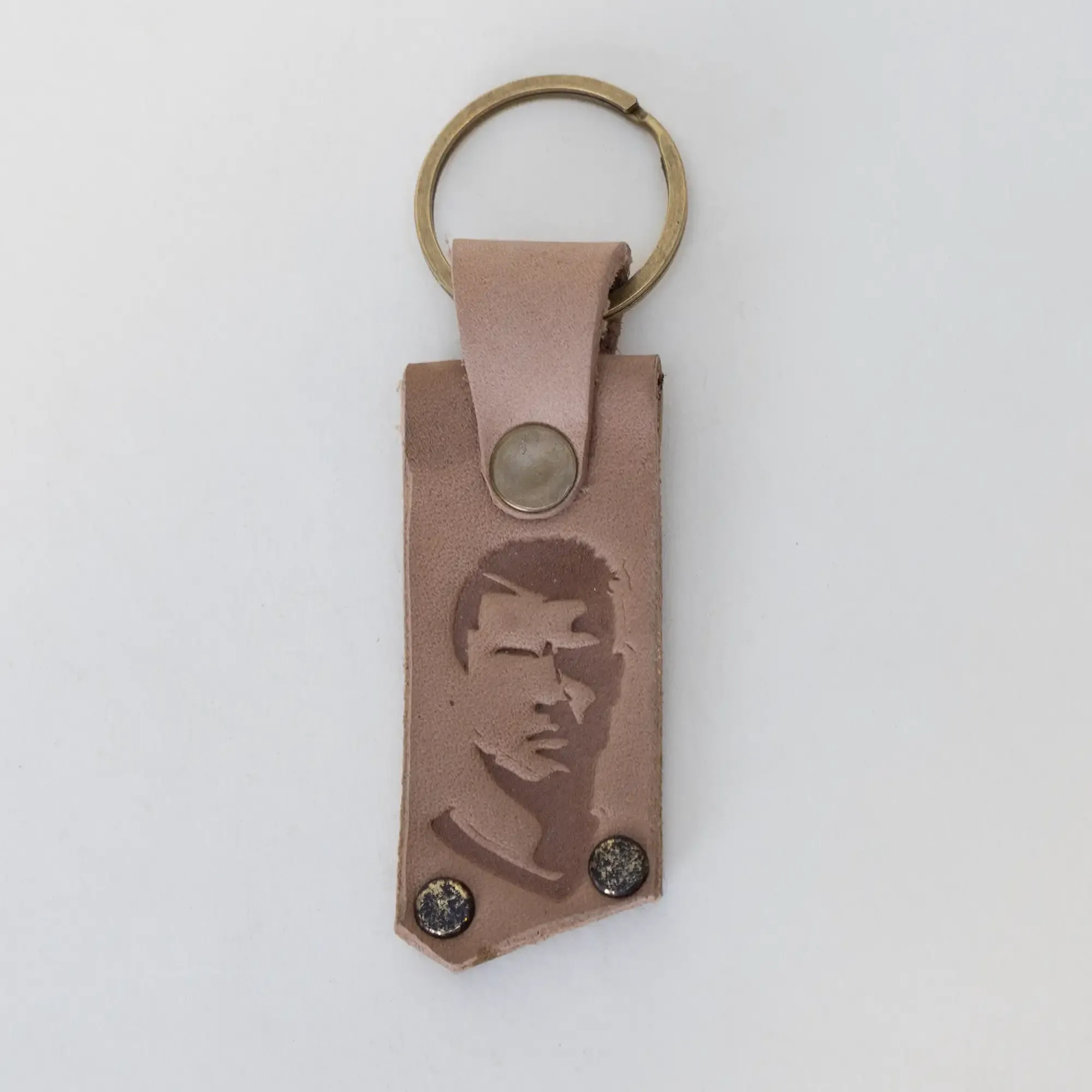 Natural Leather Keychain with Engraved Male Portrait on Long Tag