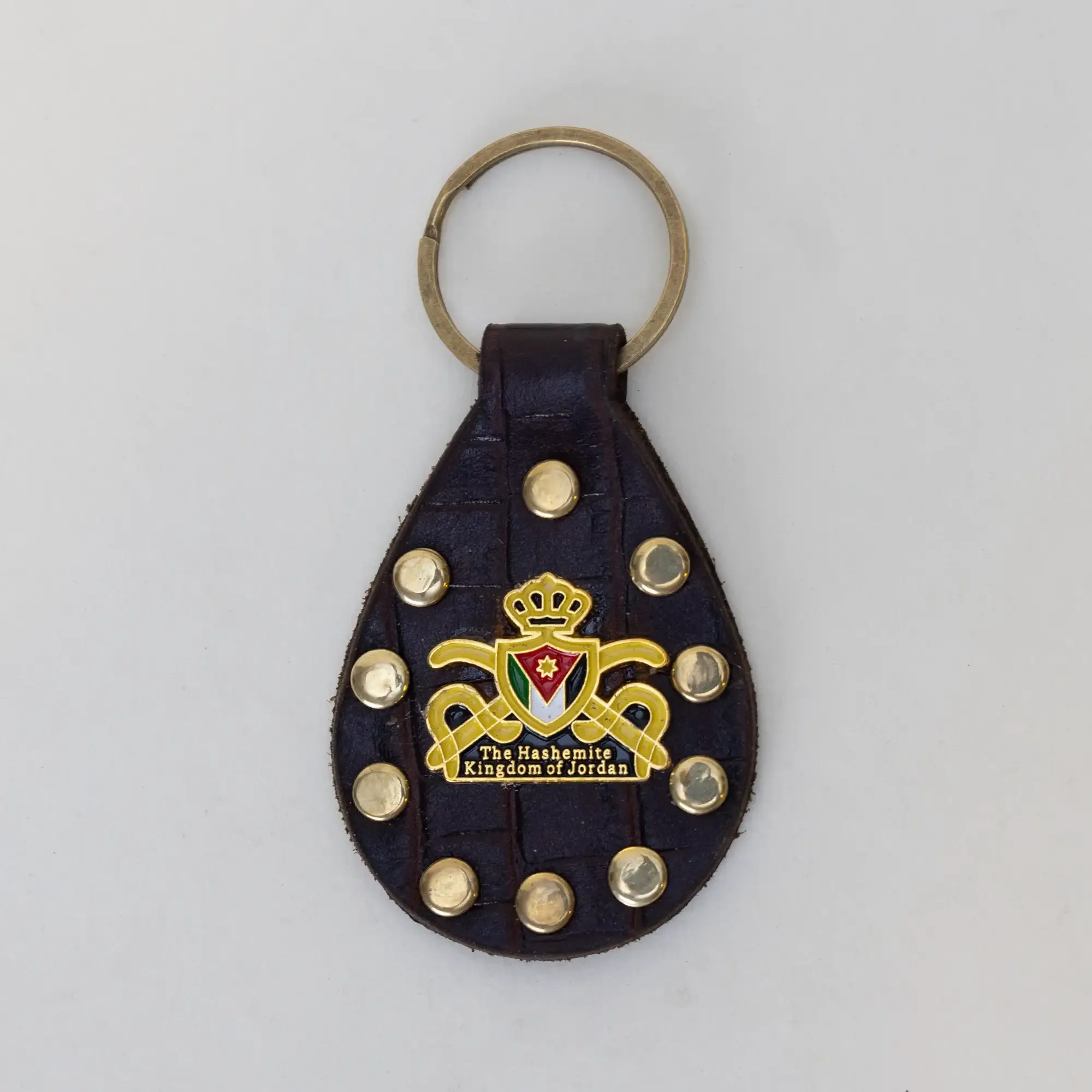 Handmade Leather Keychain with Black Medallion with Gold Crown