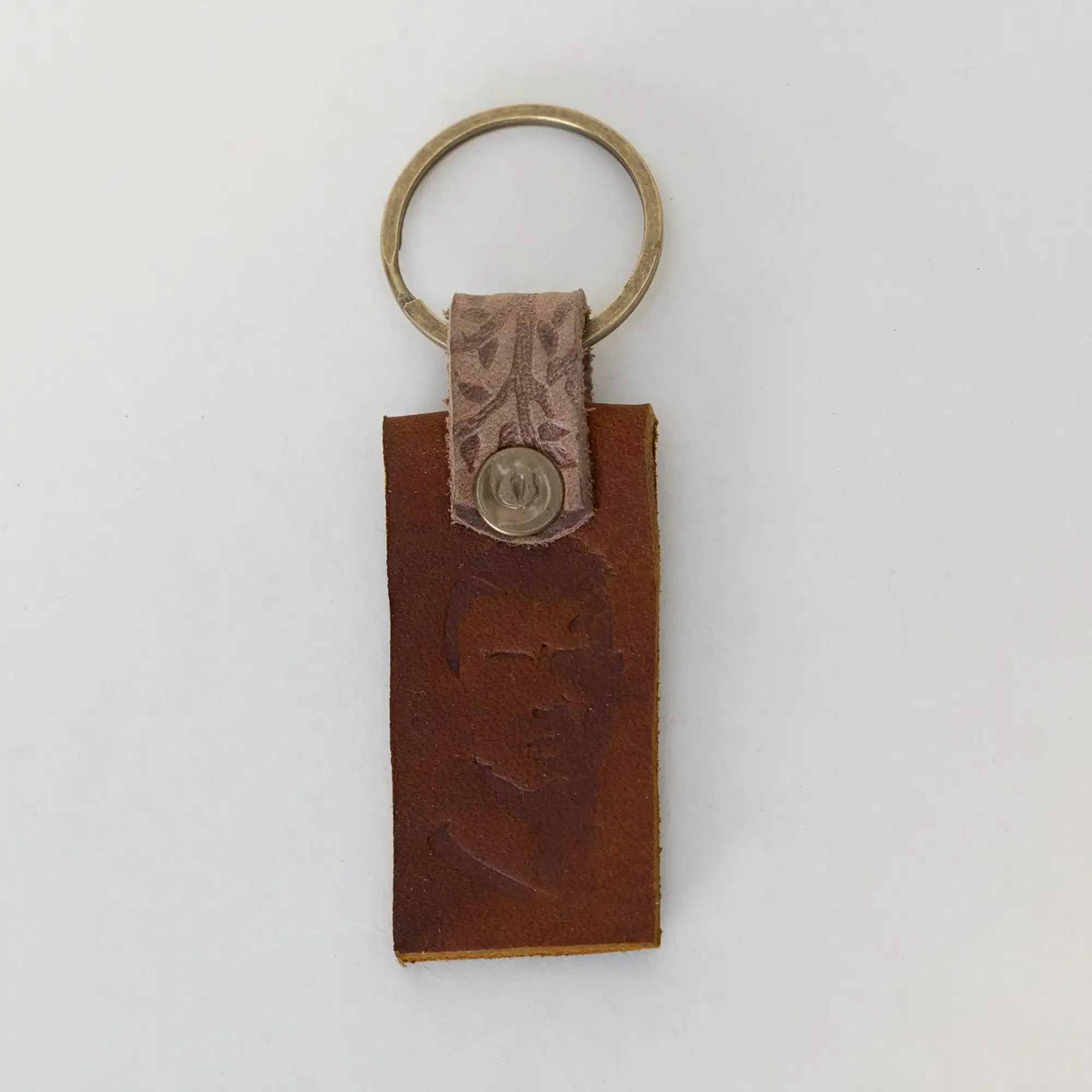 Artisan Natural Leather Keychain with Long Minimal Engraved Tag