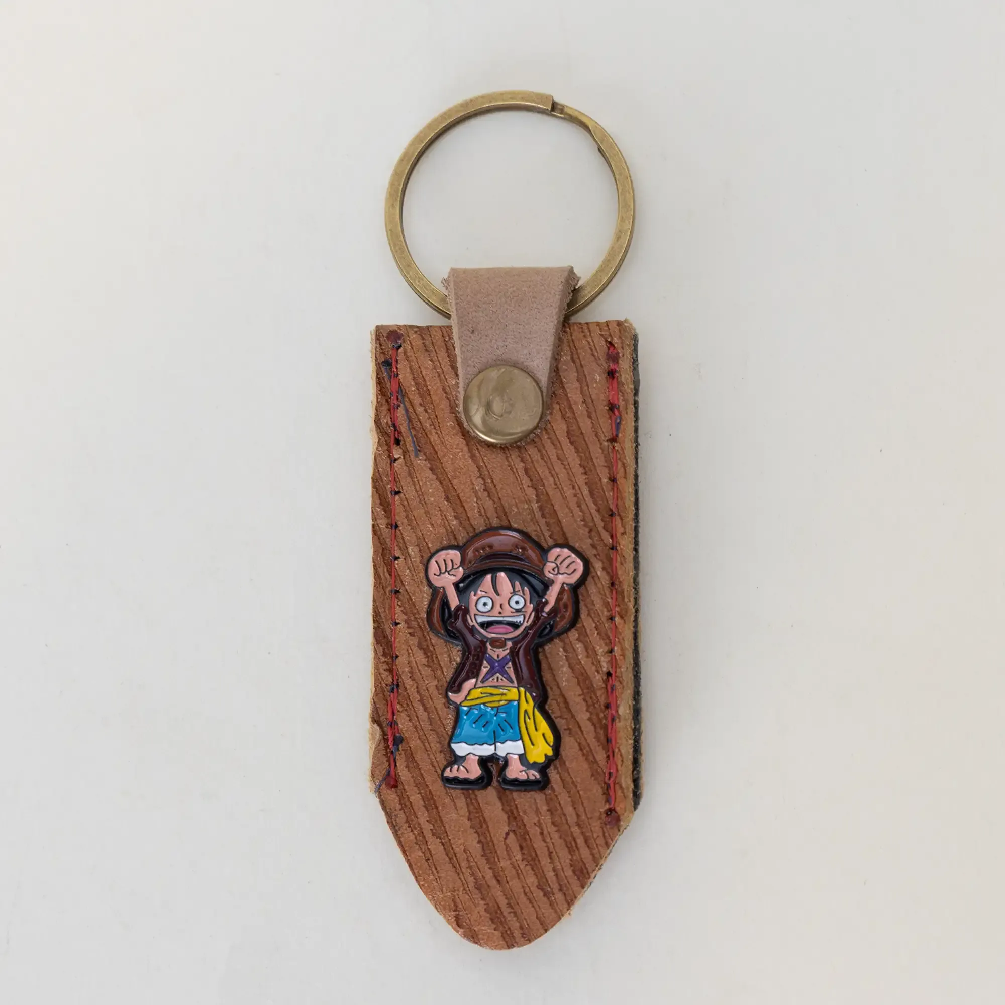 Natural Leather Keychain with Laughing Monkey D. Luffy on Long Tag