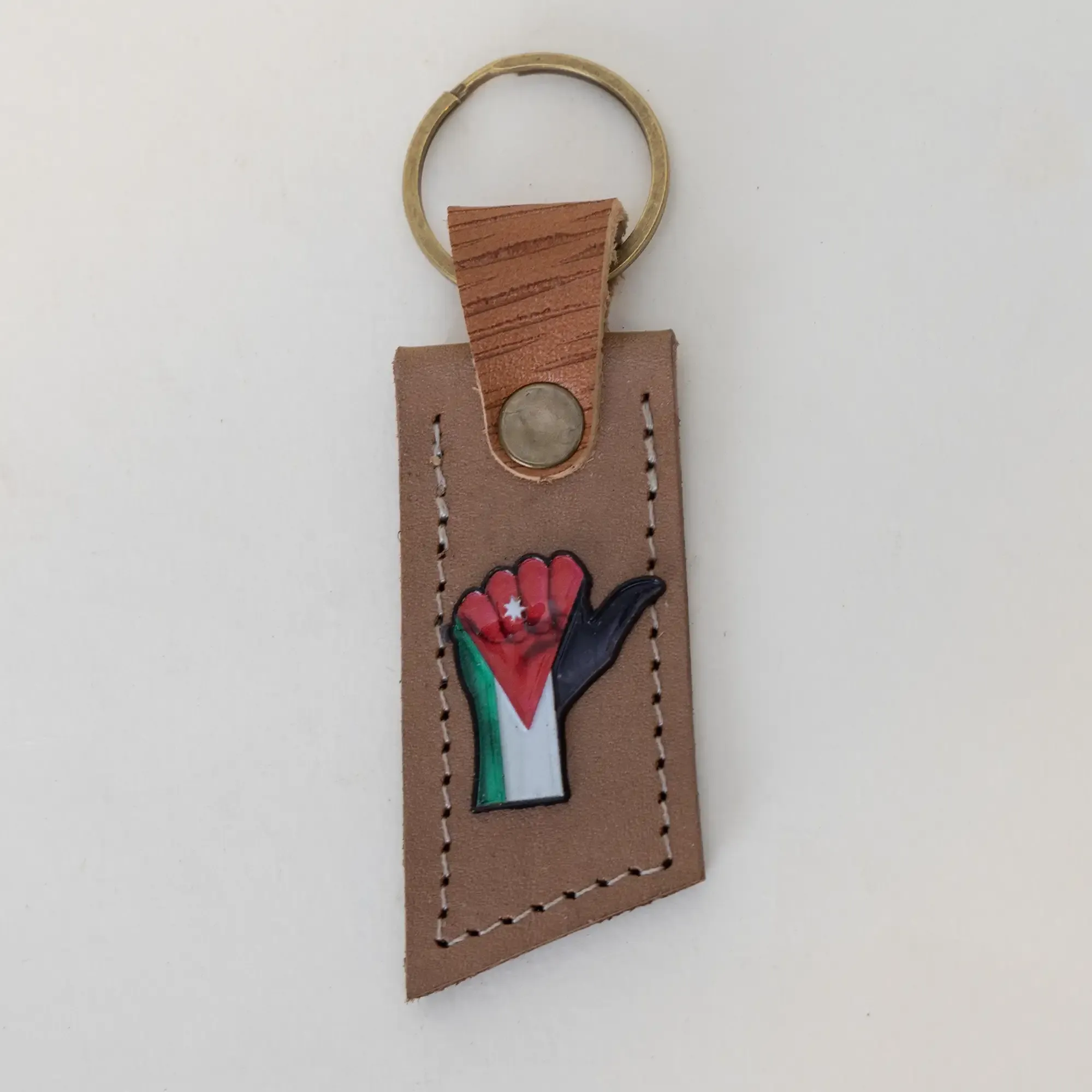 Natural Leather Keychain with Jordanian Raised Fist on Long Tag