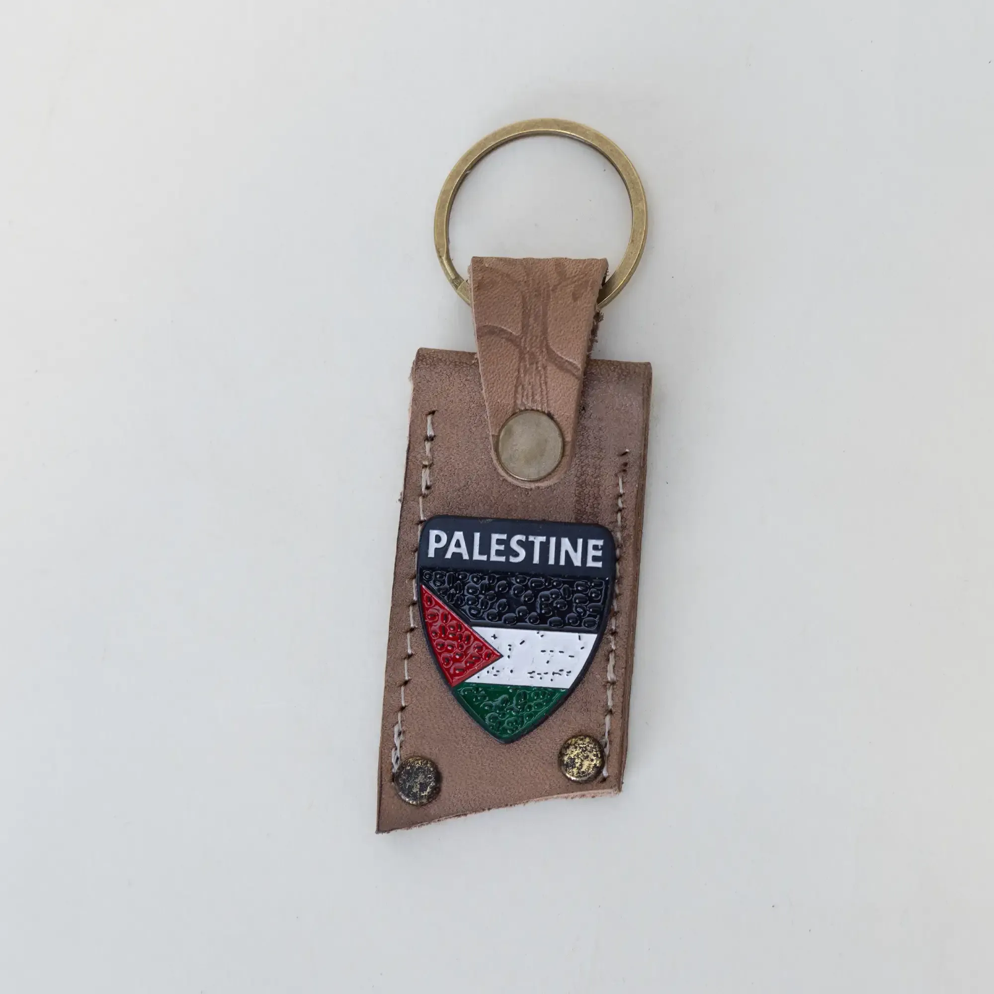 Natural Leather Keychain with Palestine Tag with Keffiyeh Pattern