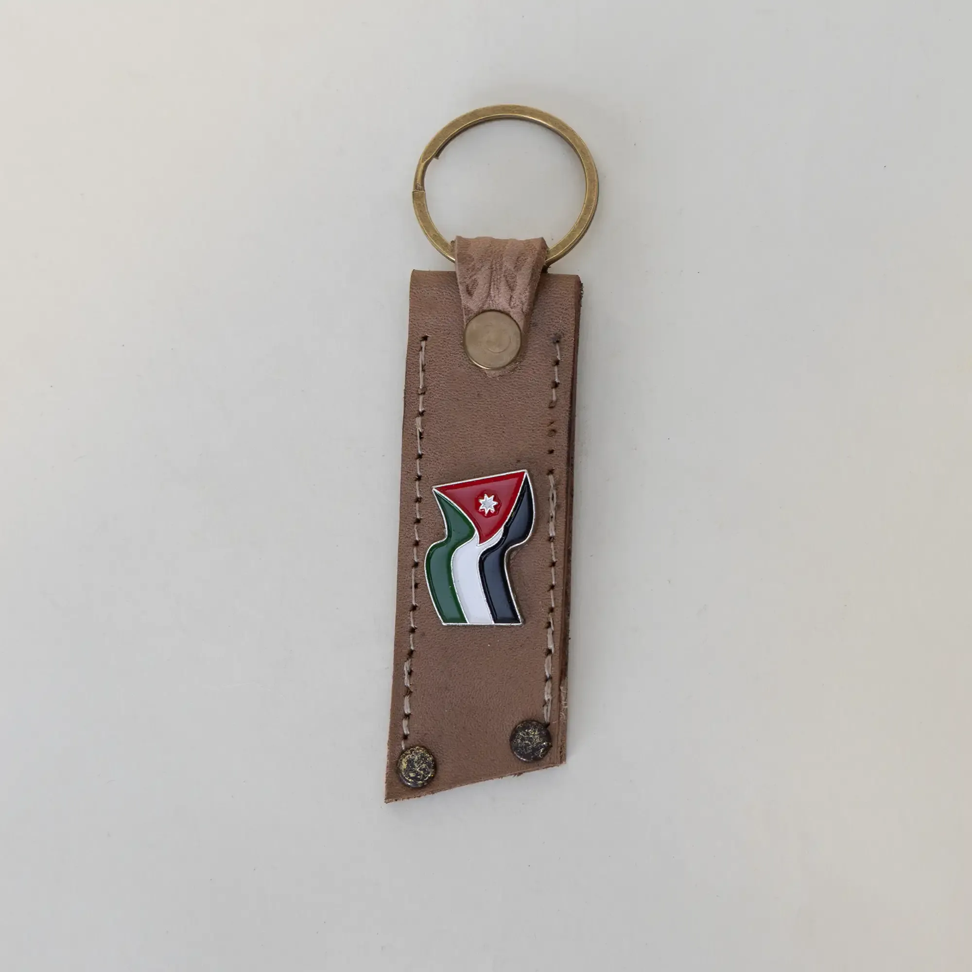 Handmade Natural Leather Keychain with Jordan Flag on Brown Tag