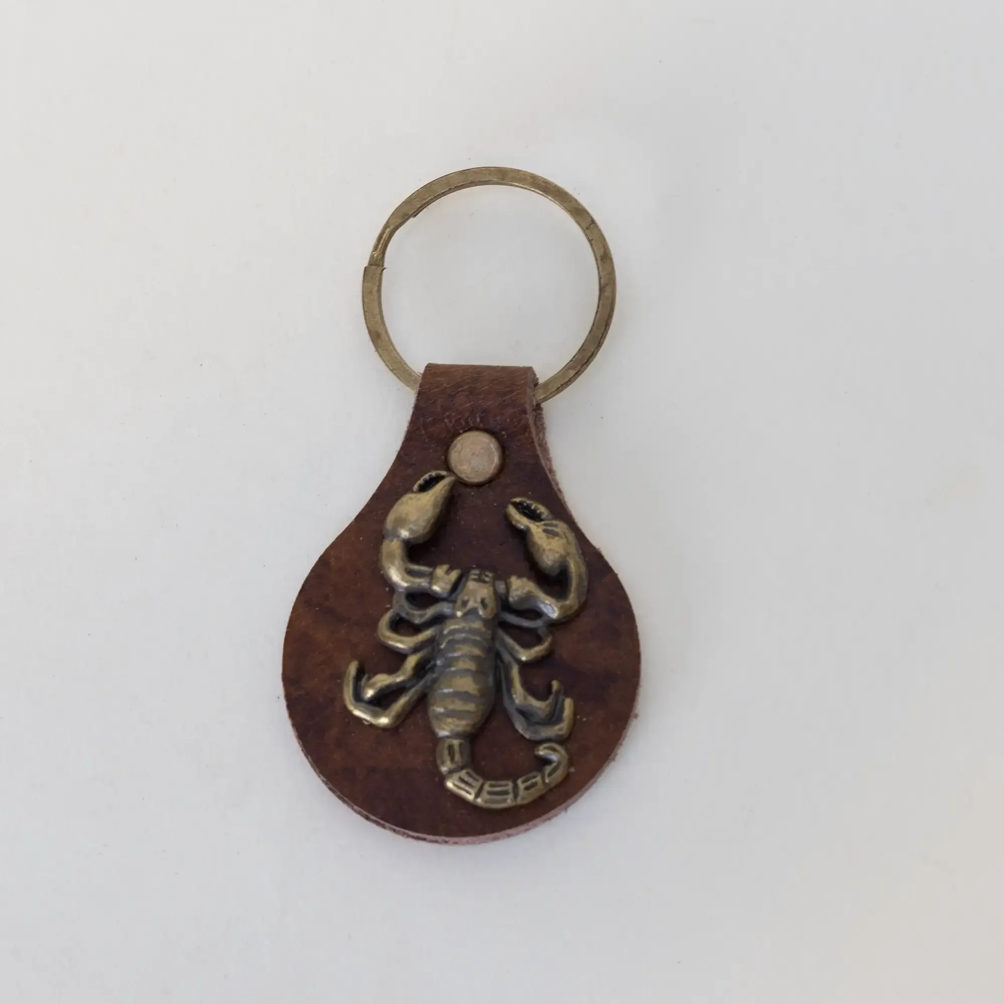 Handmade Natural Leather Keychain with Gold Scorpion Medallion
