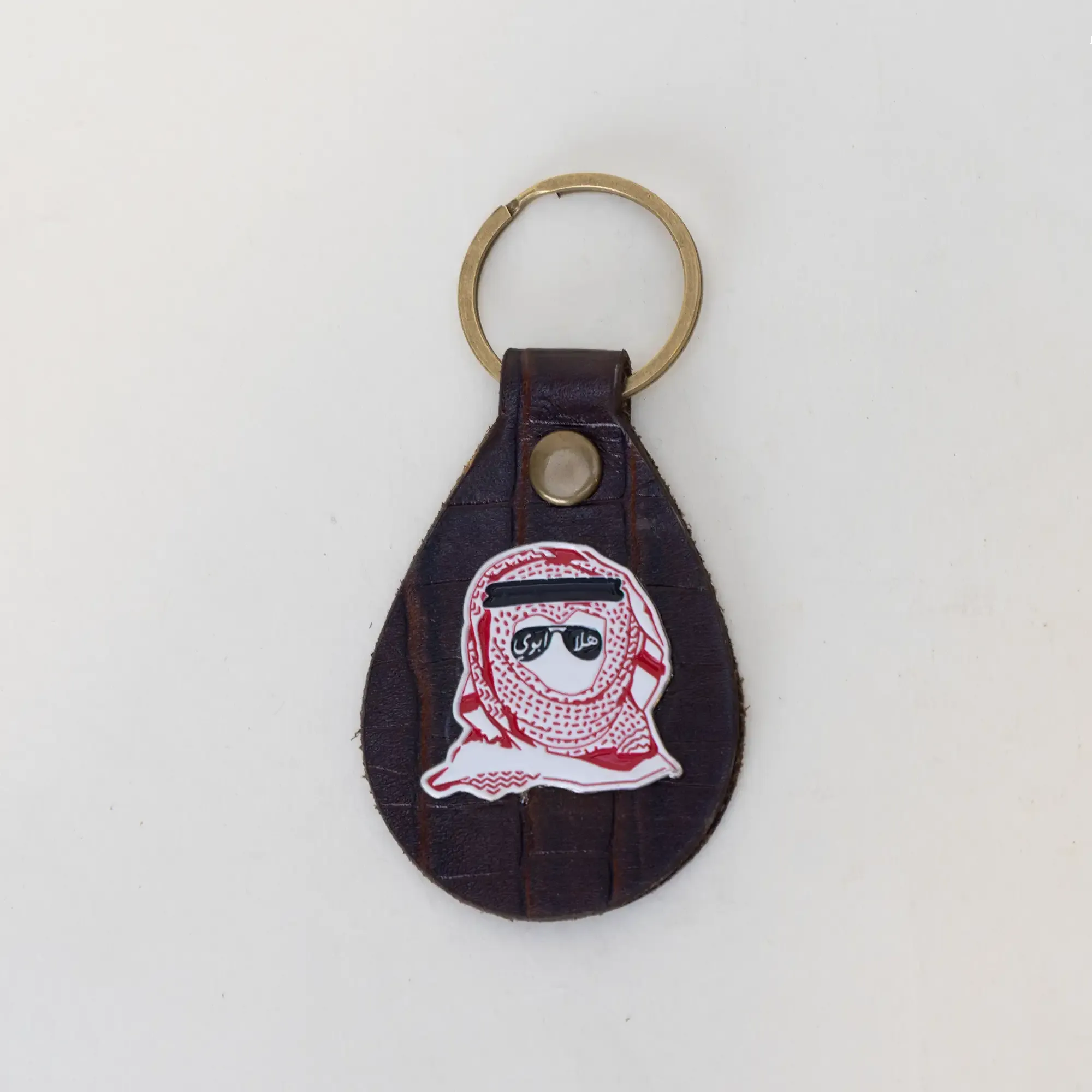 Handmade Leather Keychain with Man Wearing a Jordanian Shemagh