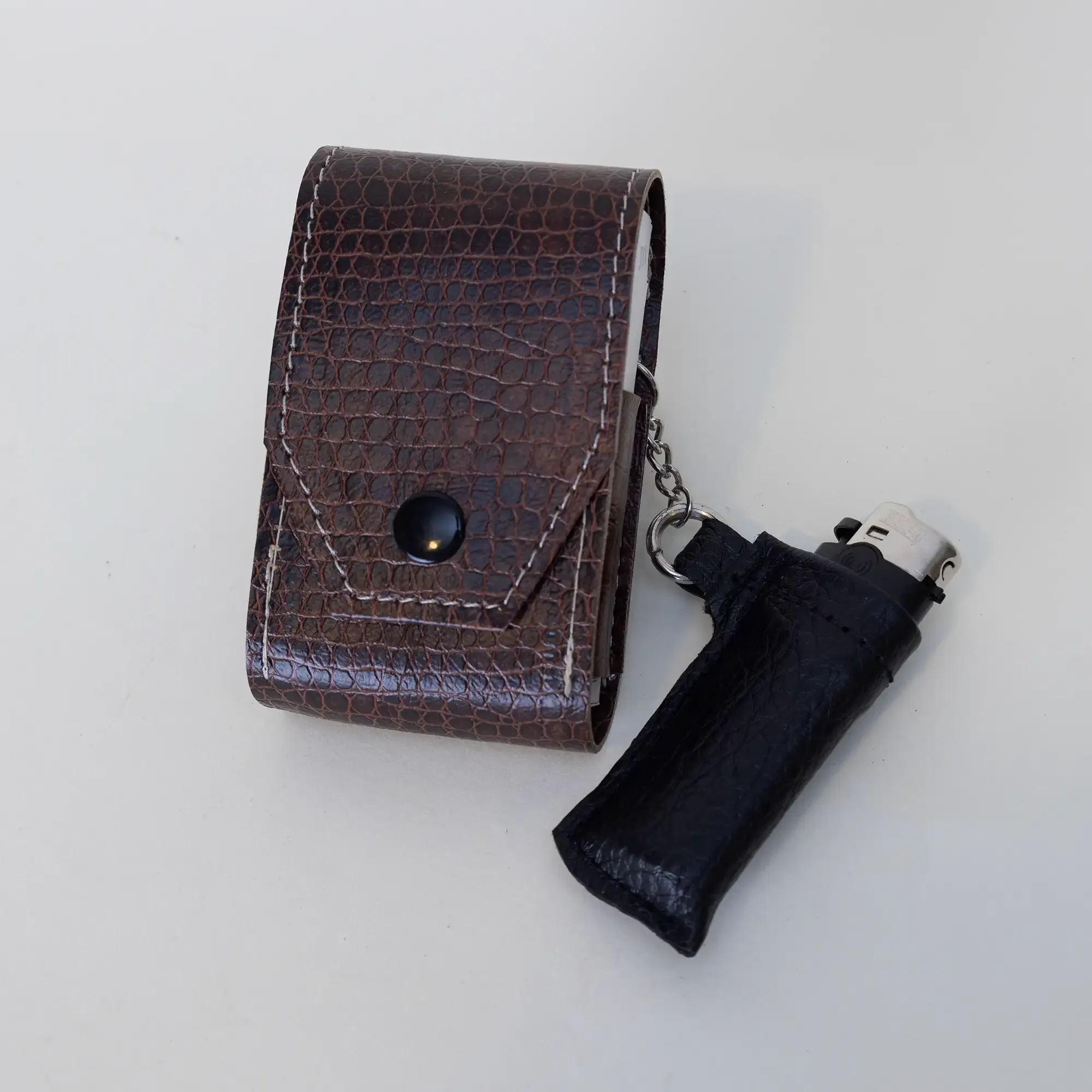 Artisan-Made Brown Patterned Leather Cigarette and Lighter Case