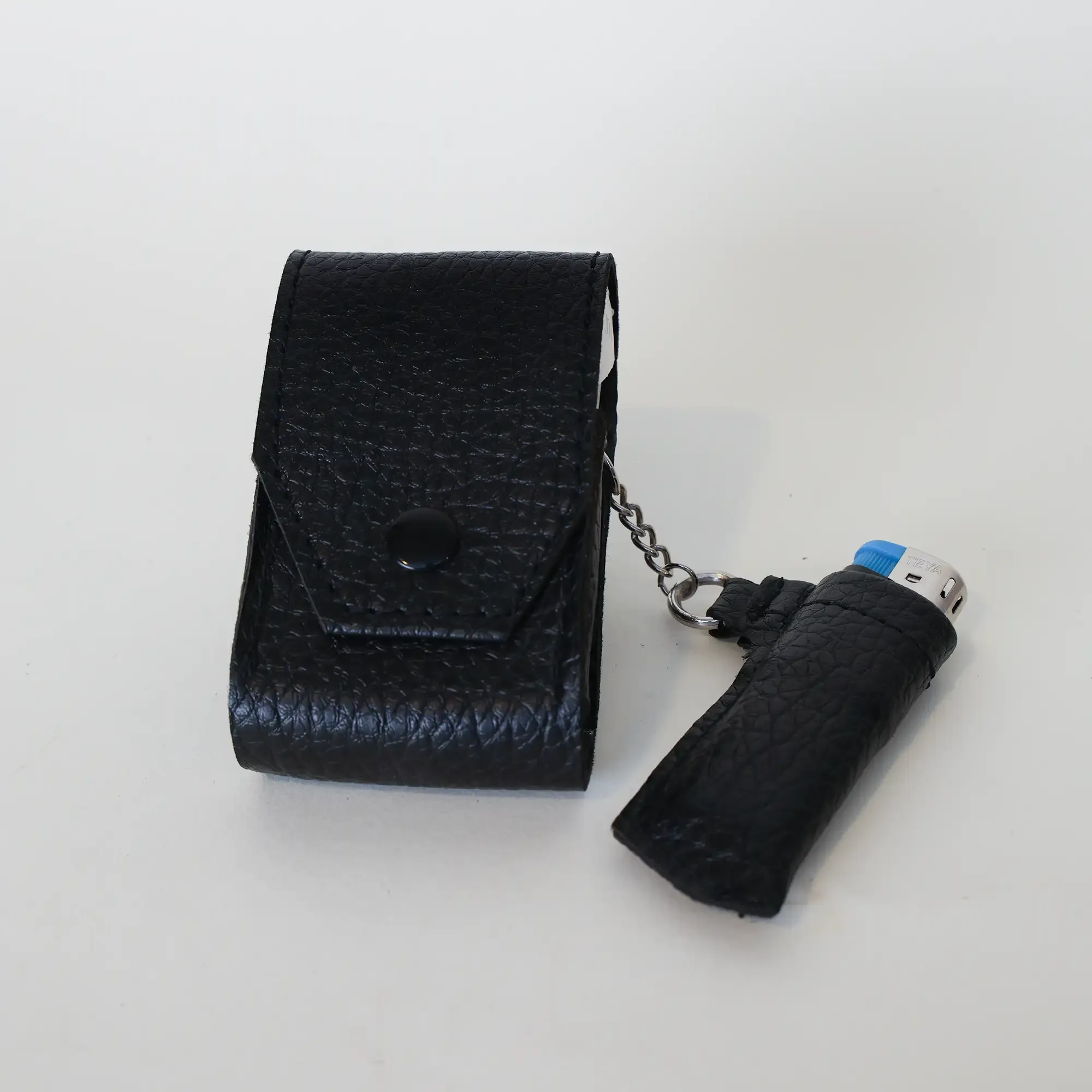 Artisan-Made Black Pebbled Leather Cigarette and Lighter Case