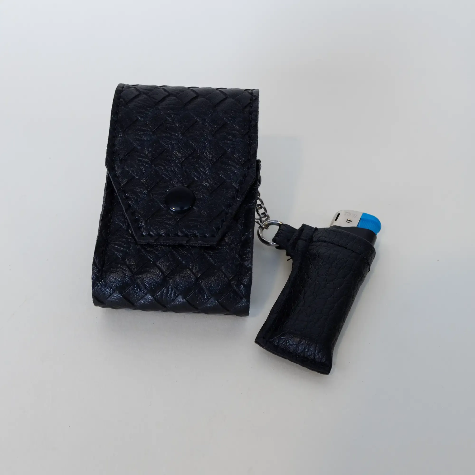 Artisan-Made Black Embossed Leather Cigarette and Lighter Case