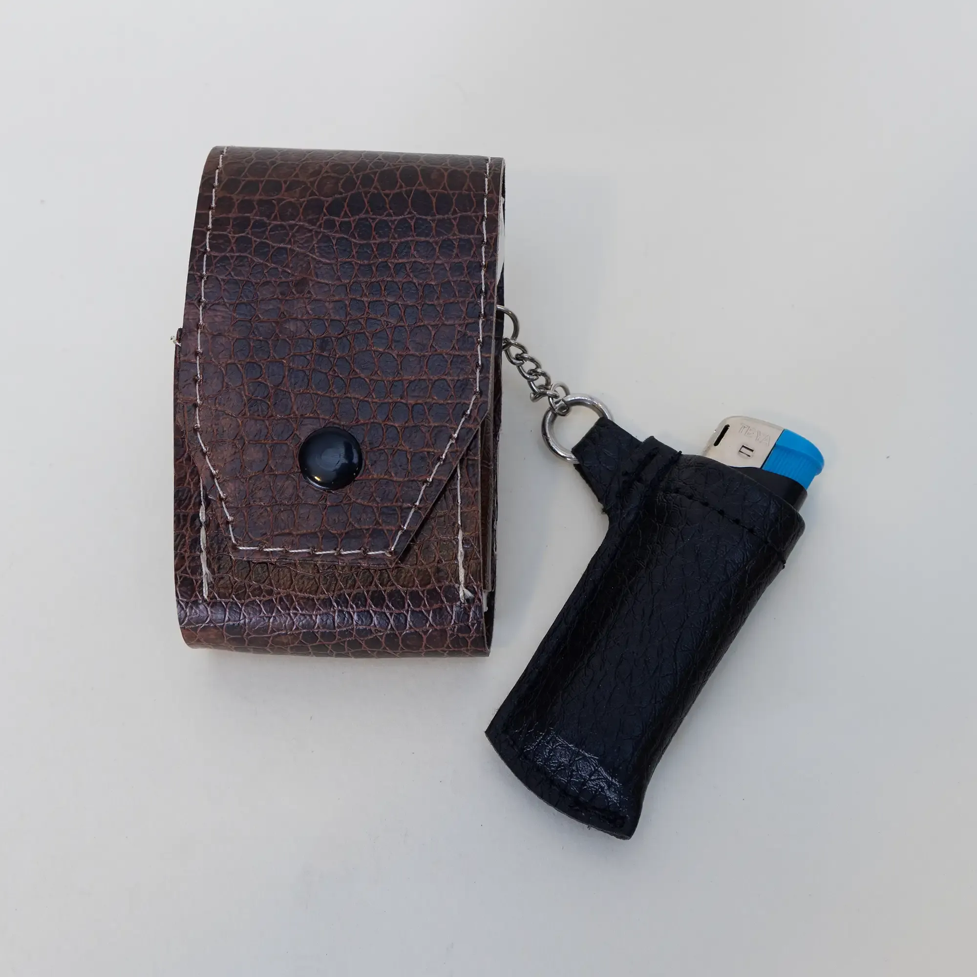 Handcrafted Warm Brown Patterned Leather Cigarette and Lighter Case