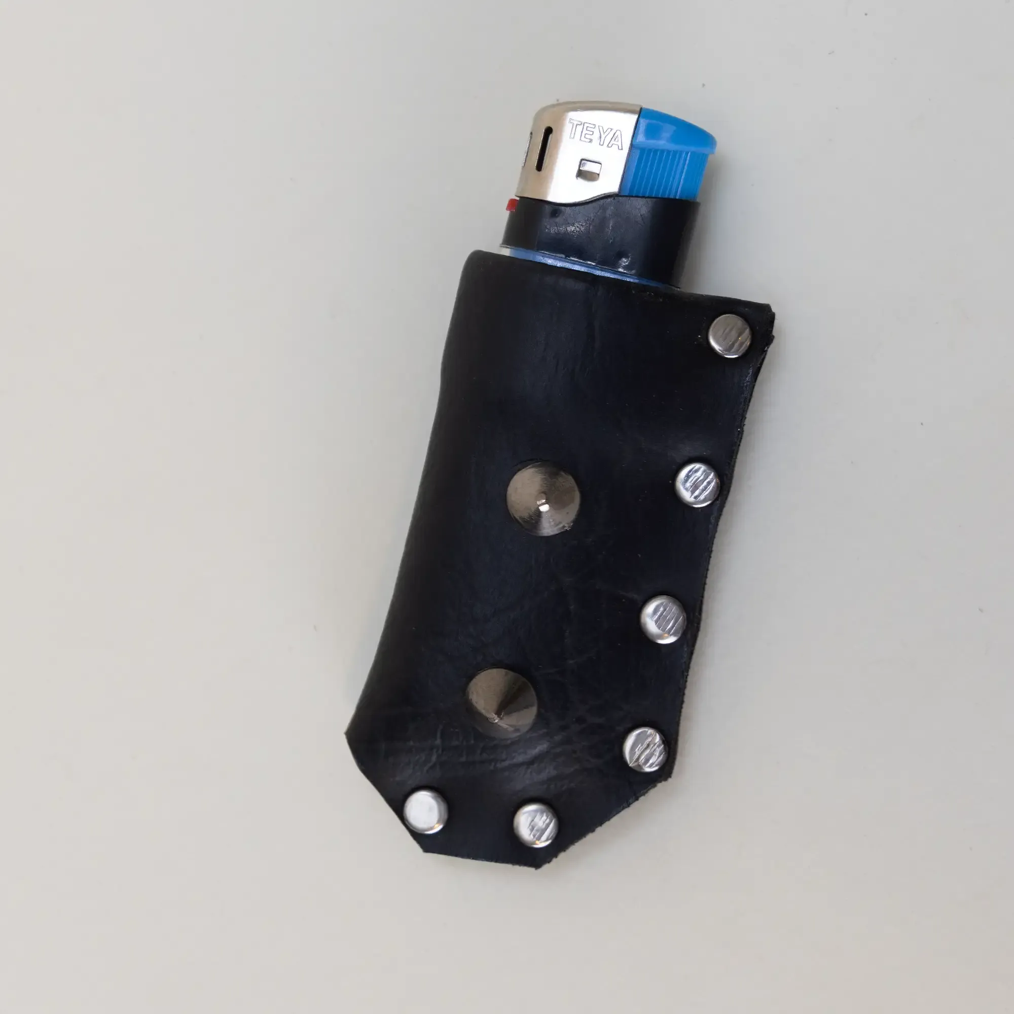 Black Metal Stud Leather Lighter Case with Hand-Finished Details