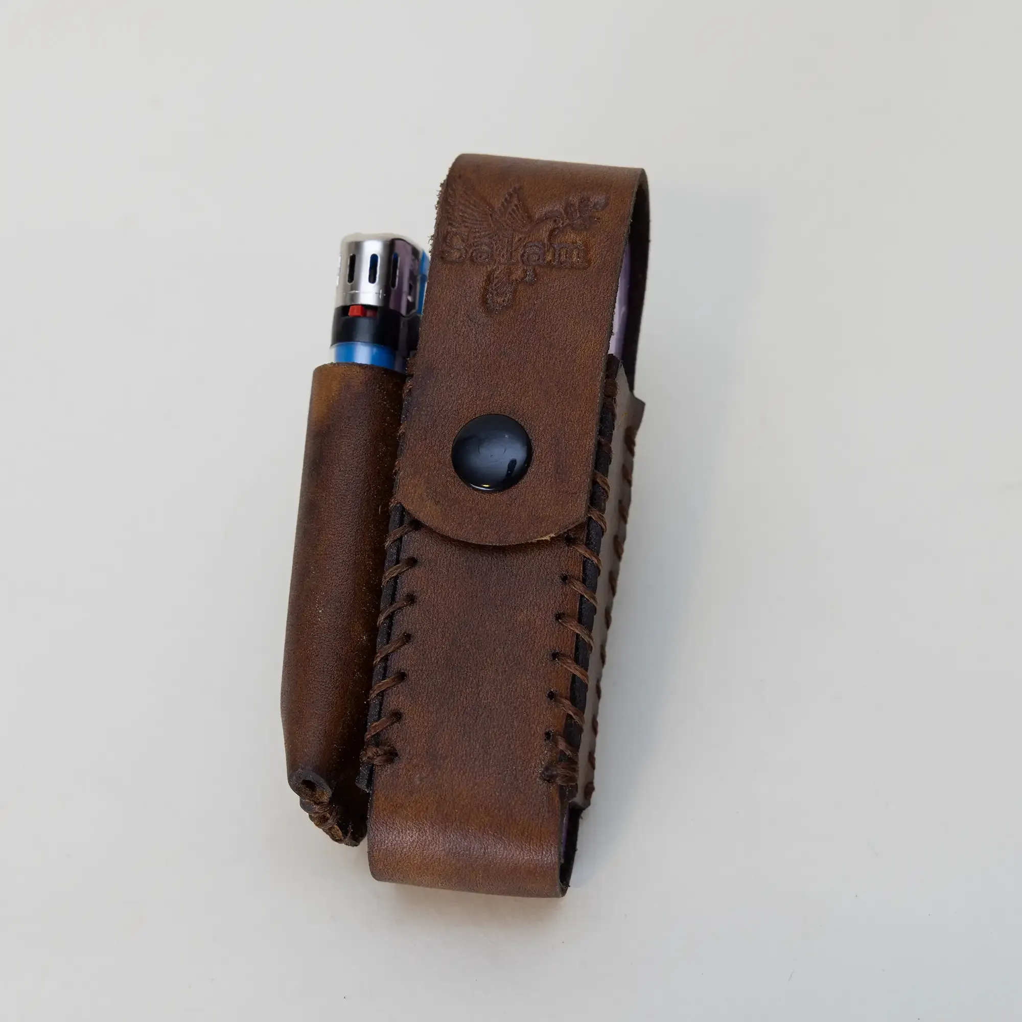 Artisan-Made Brown Snap Leather Cigarette and Lighter Case