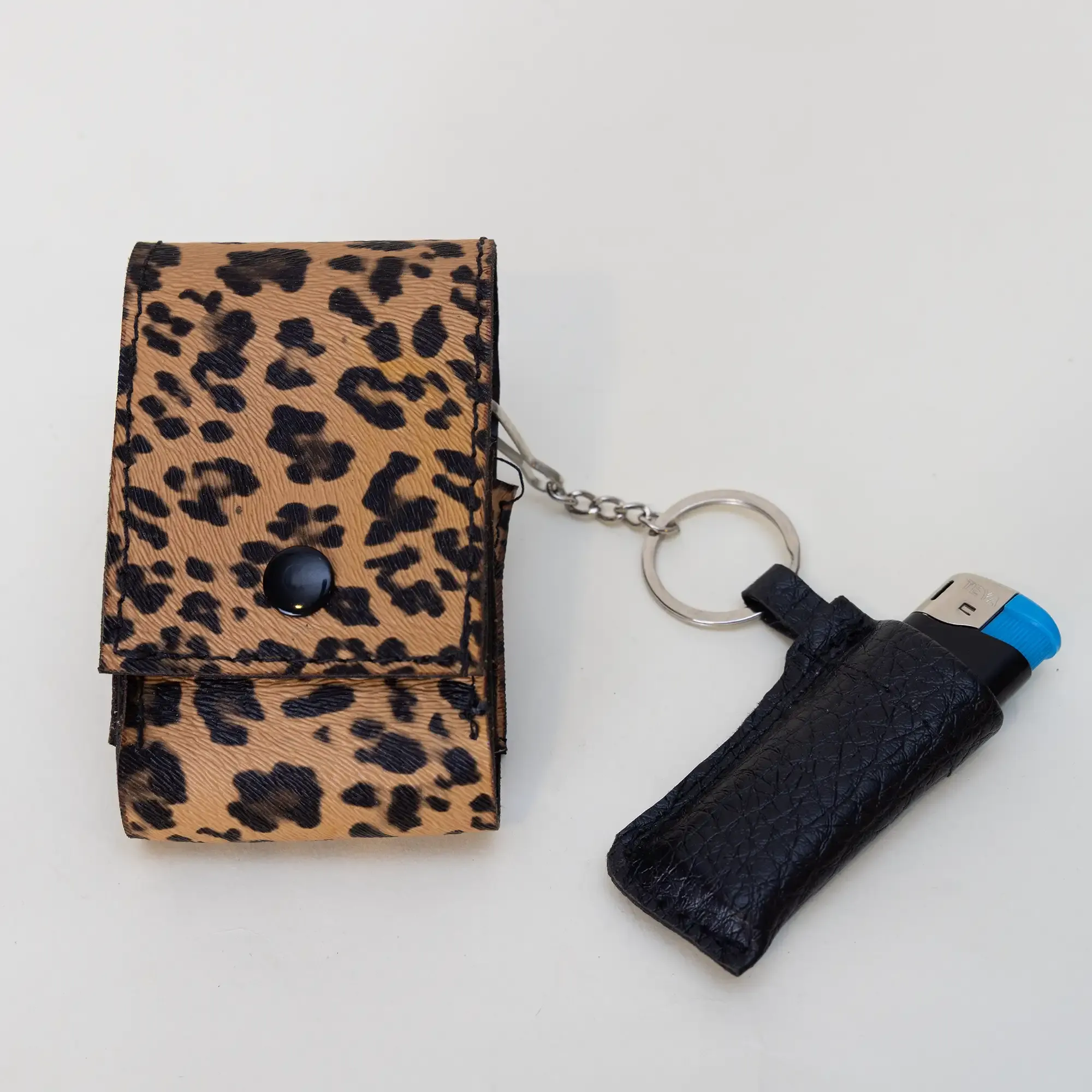 Artisan-Made Leopard-Print Leather Cigarette and Lighter Case