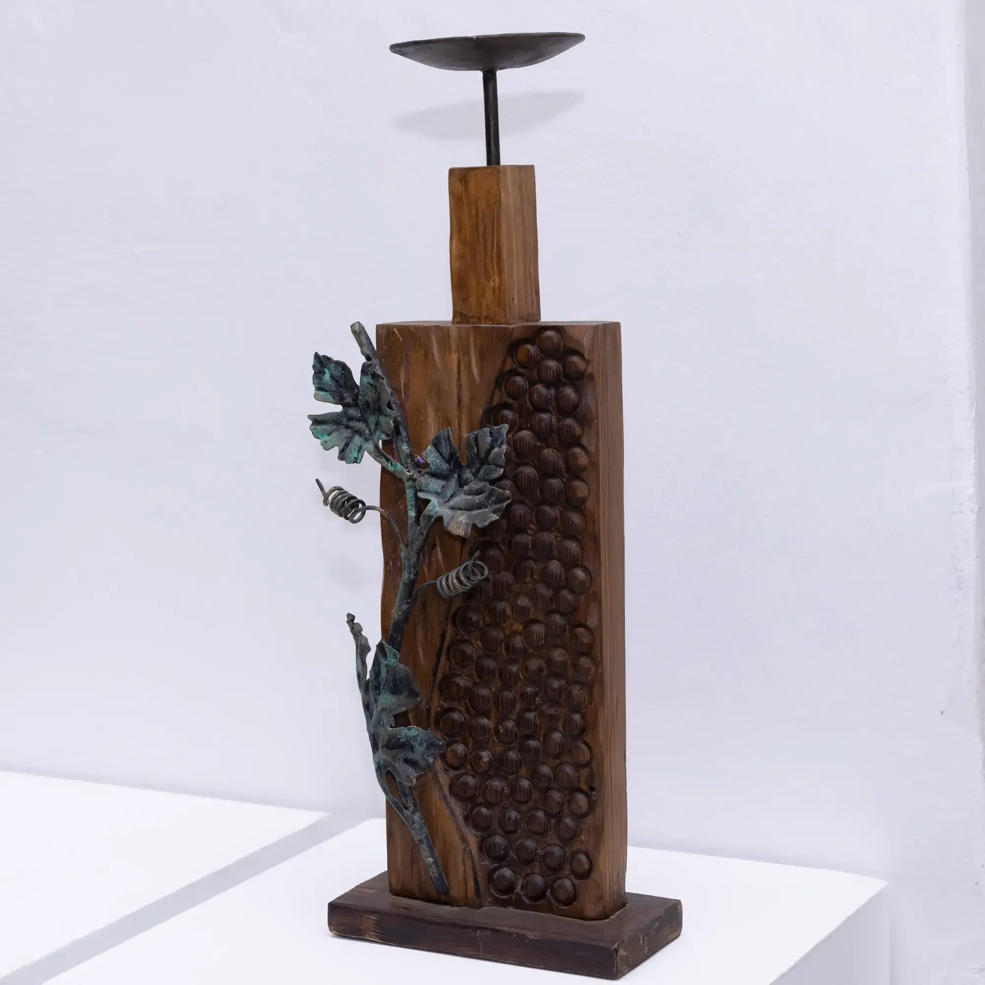 Wooden Candle Holder with Grape Clusters and Artisan Details