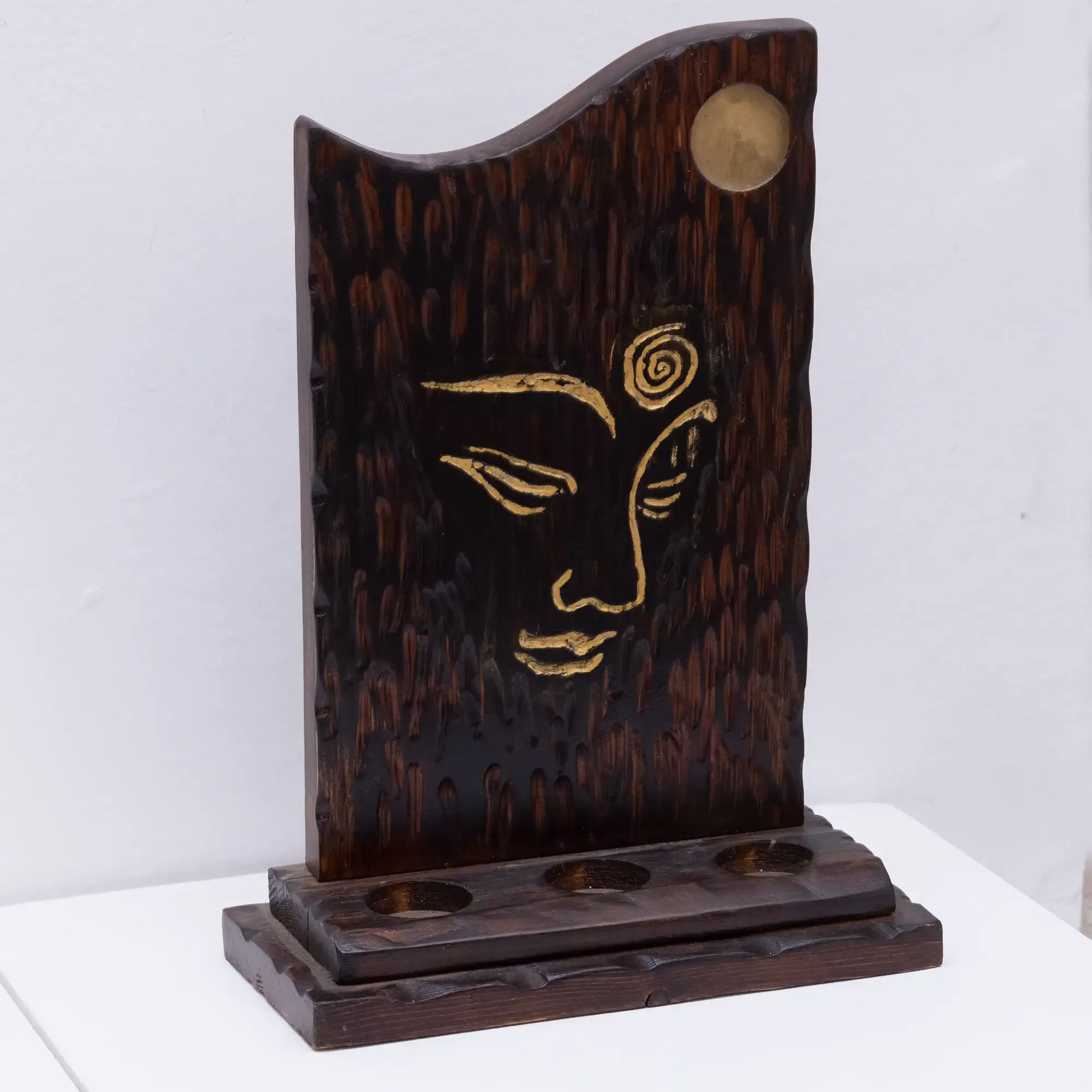 Handcrafted Wooden Candle Holder with Carved Abstract Face