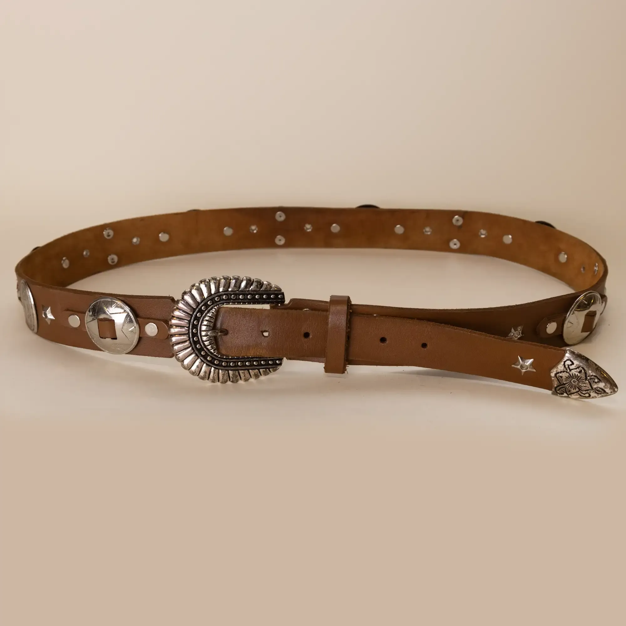Brown with Ornate Western Buckle Leather Belt with Artisan Finish