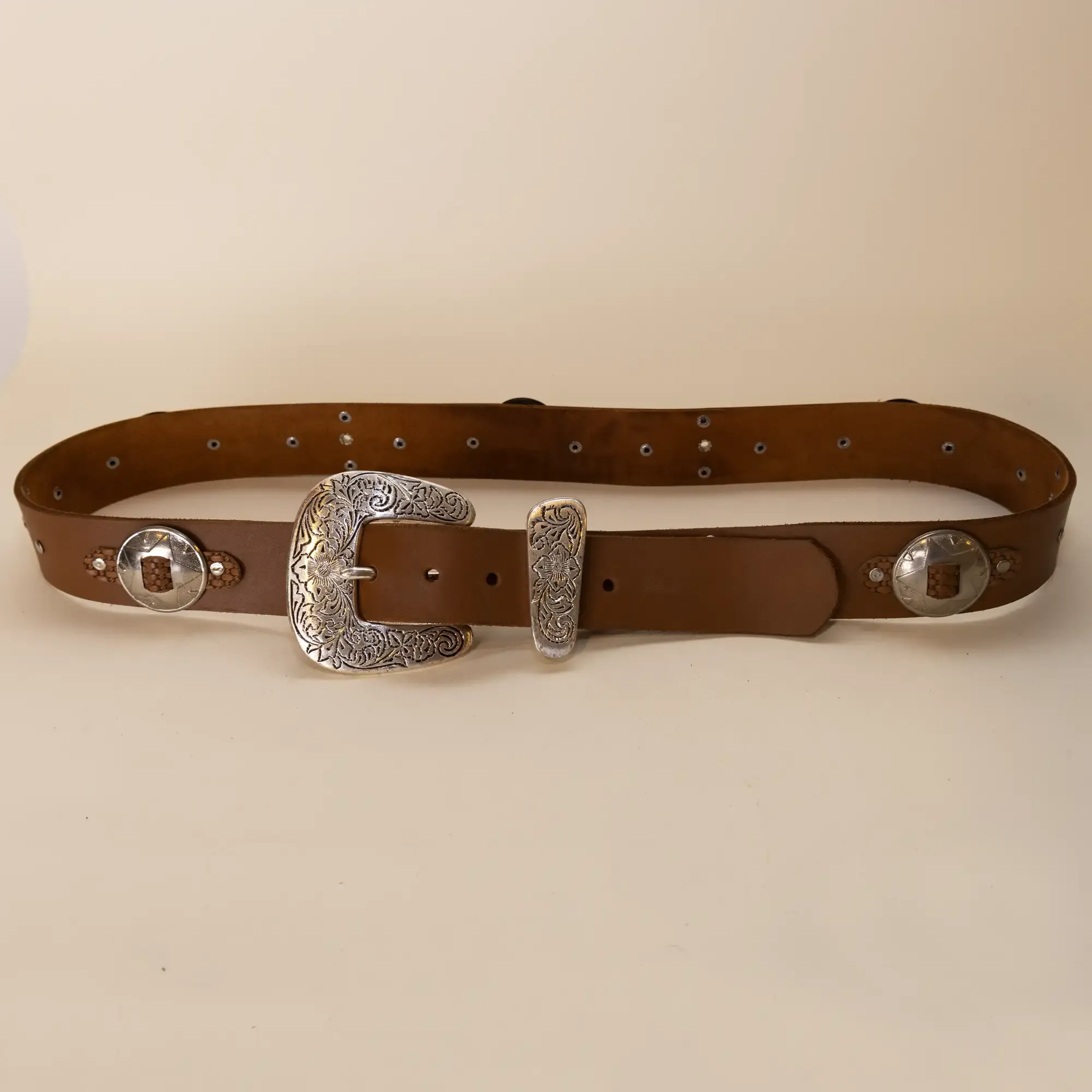 Brown with Ornate Silver Buckle Leather Belt with Artisan Finish