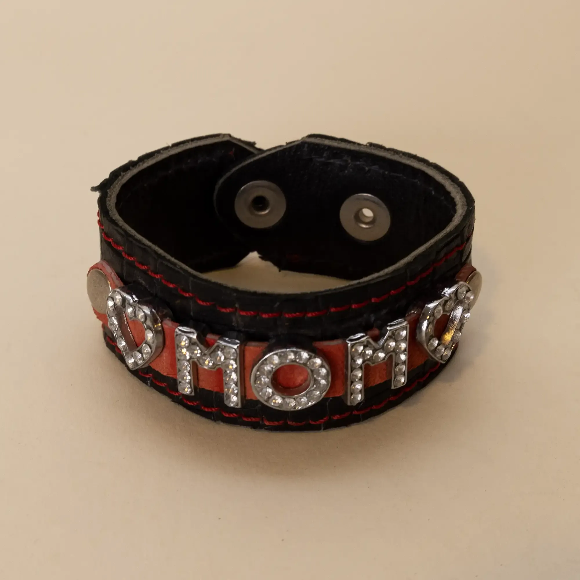Handmade Black with Rhinestone MOM Lettering Leather Bracelet