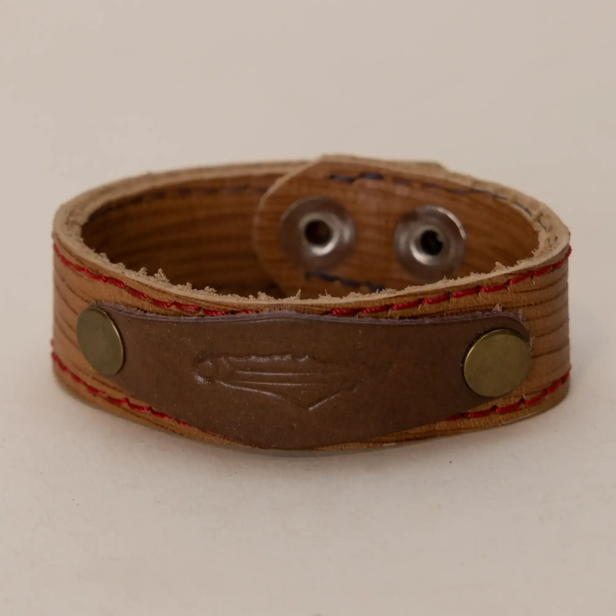 Brown with Red Stitching and Arrow Engraving Leather Bracelet