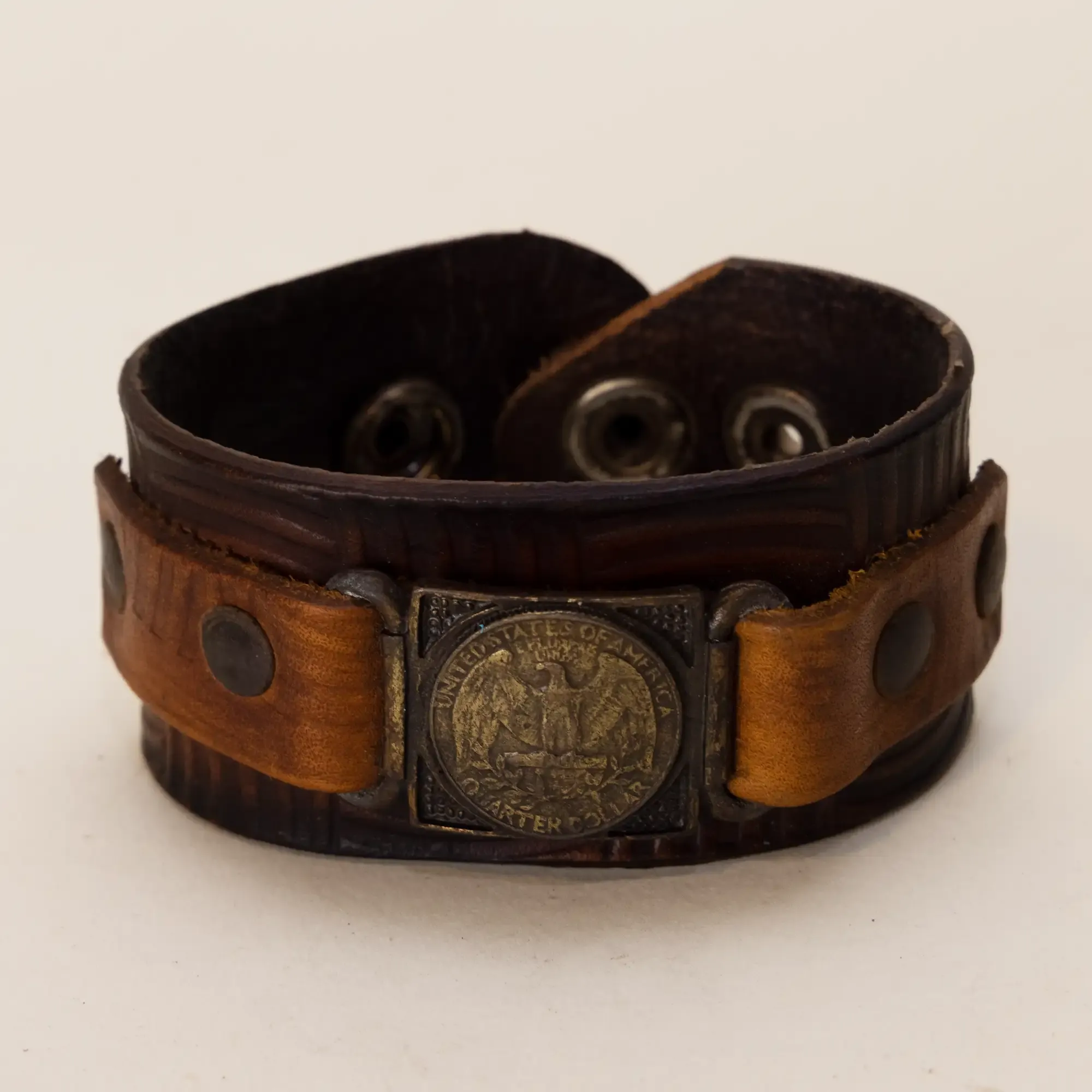 Wide Brown with Metal Medallion Leather Bracelet with Artisan Finish