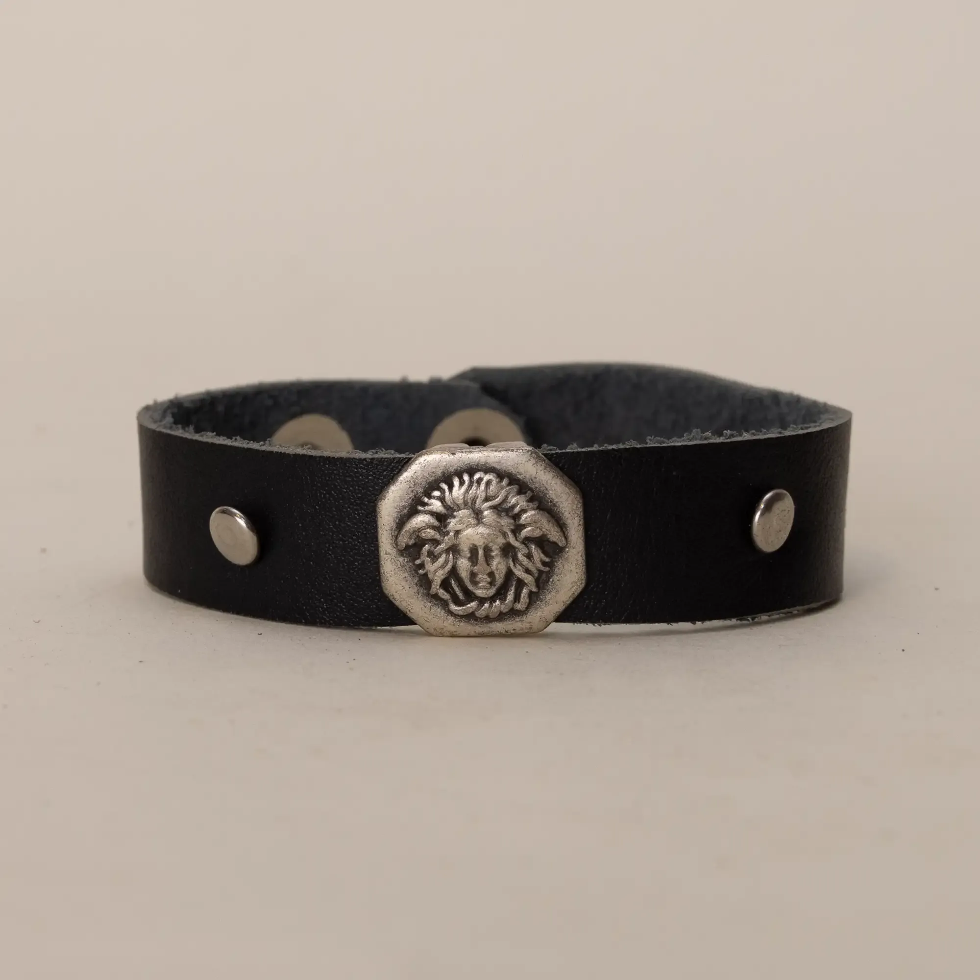 Black with Lion Head Medallion Leather Bracelet with Artisan Finish
