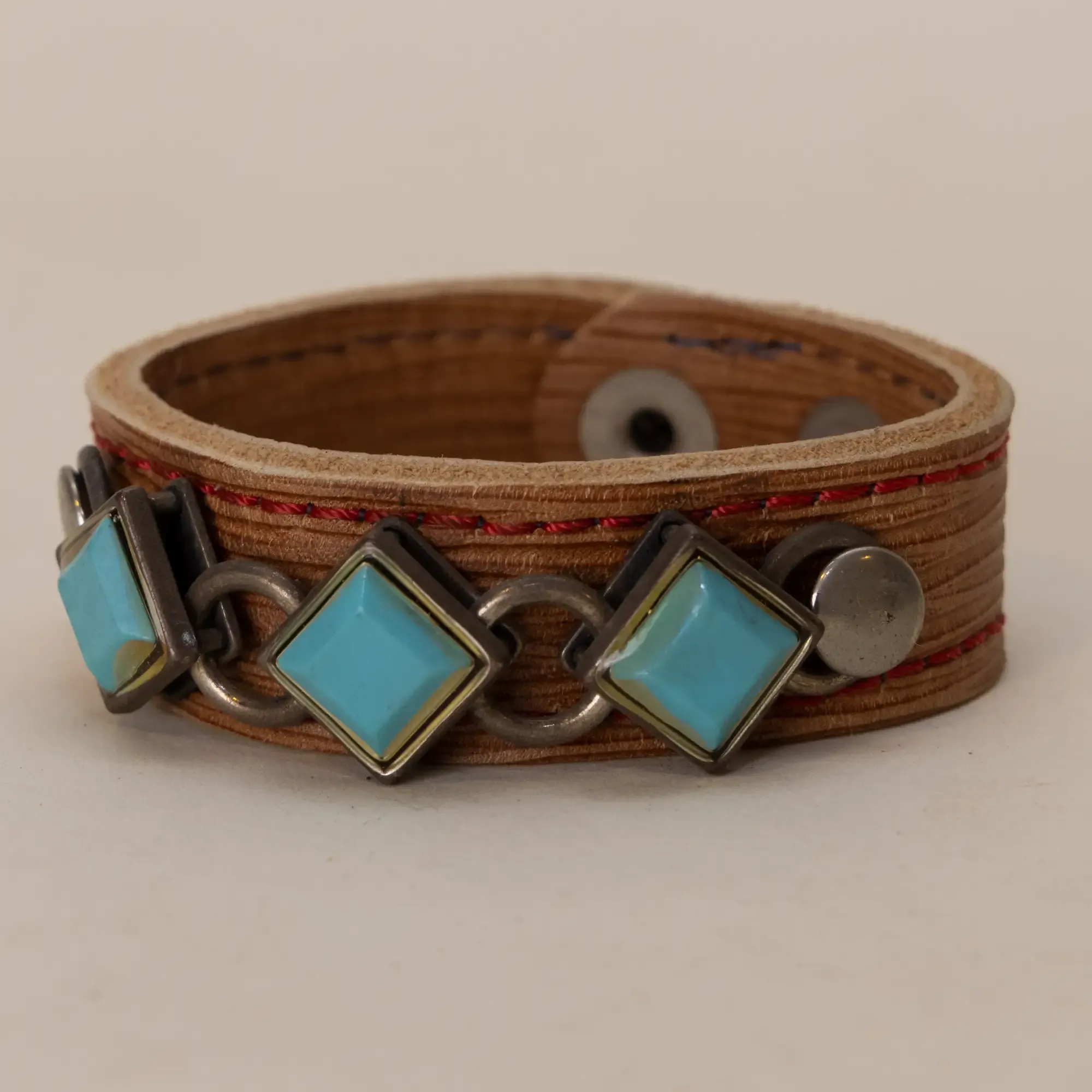 Handmade Brown with Square Turquoise Stones Leather Bracelet