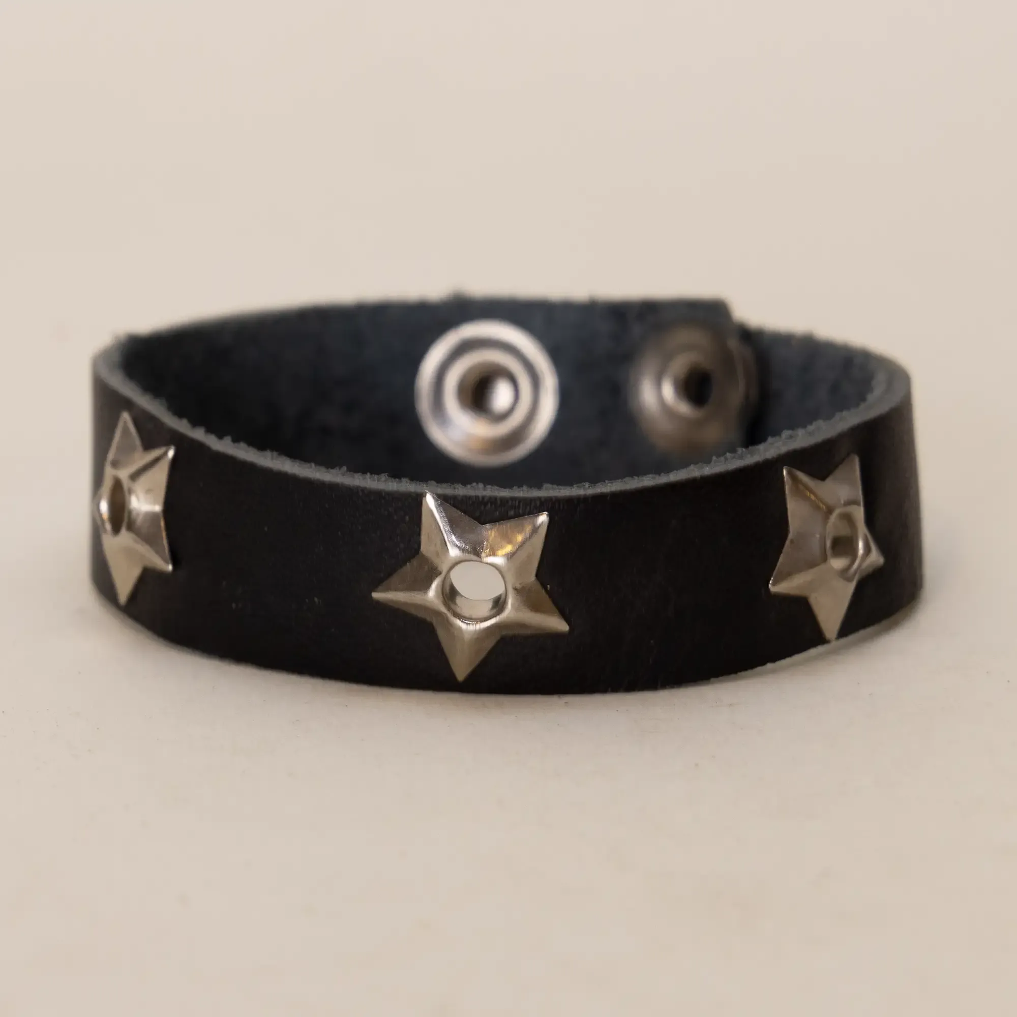 Black with Silver Stars Leather Bracelet with Artisan Finish