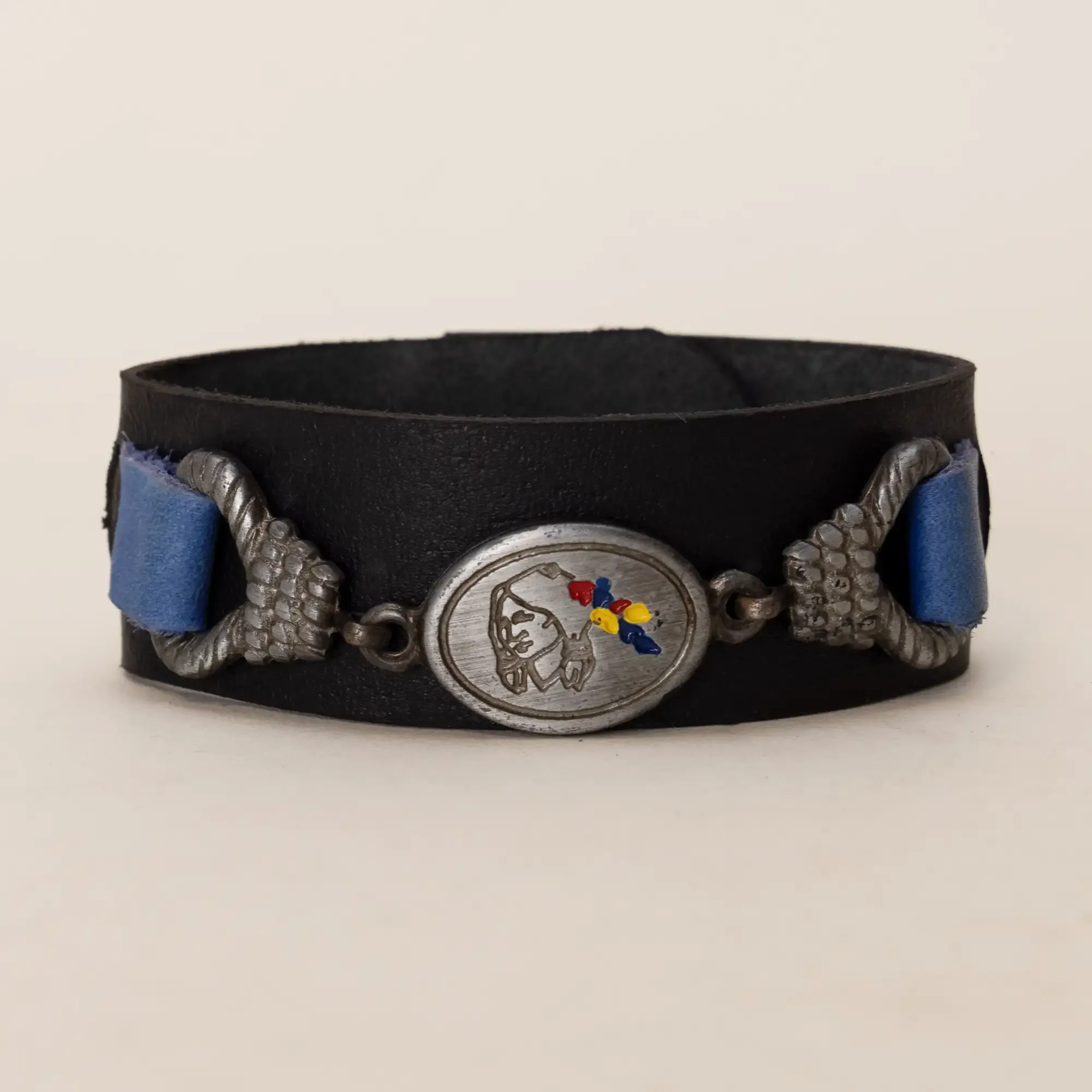 Handmade Black and Blue with Winged Medallion Leather Bracelet