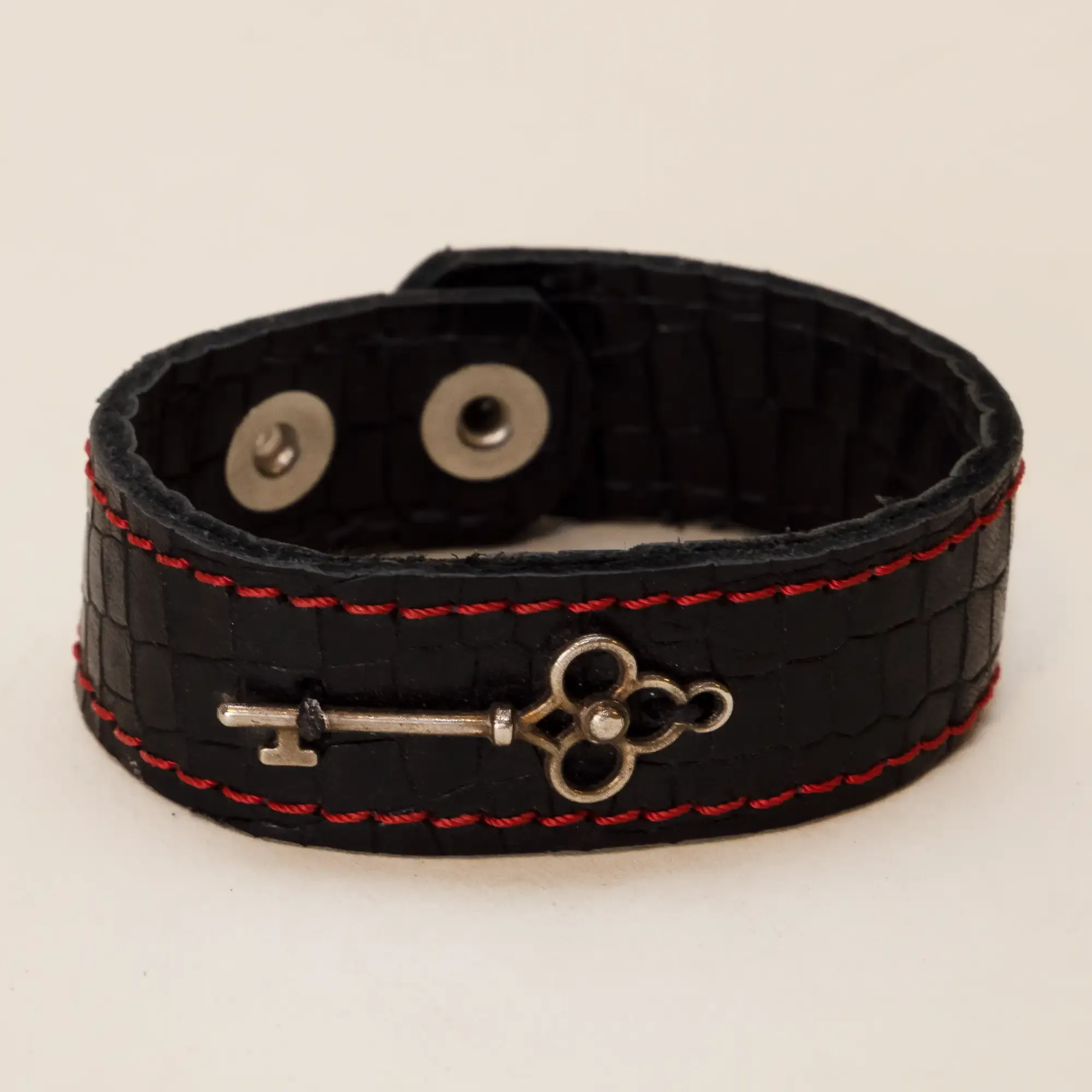 Artisan Black with Red Stitching and Key Charm Leather Bracelet