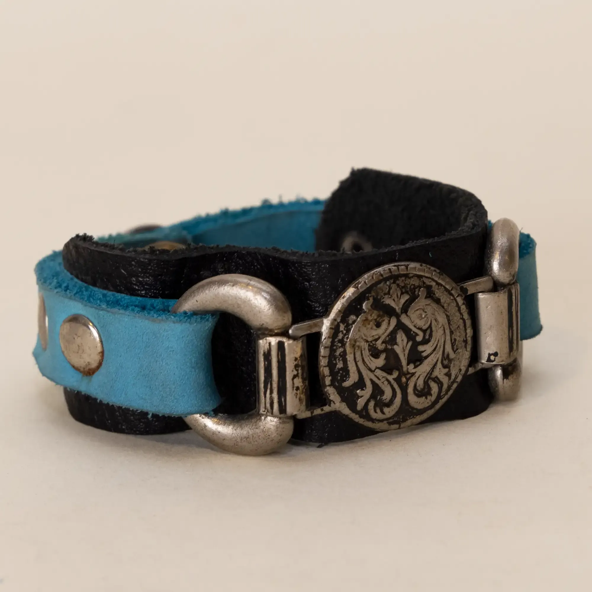 Handmade Turquoise with Ornate Metal Buckle Leather Bracelet