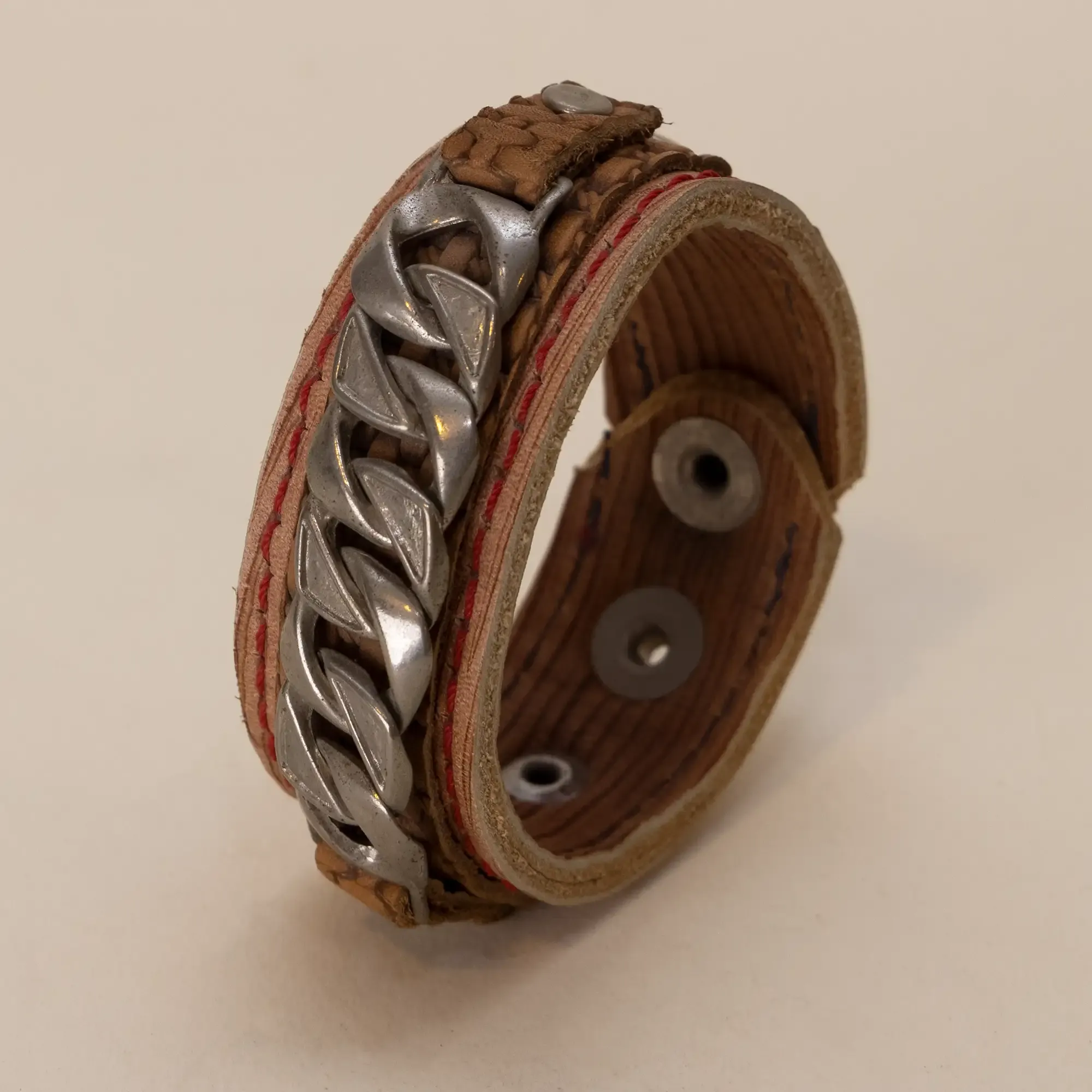 Brown with Wide Metal Chain Leather Bracelet with Artisan Finish