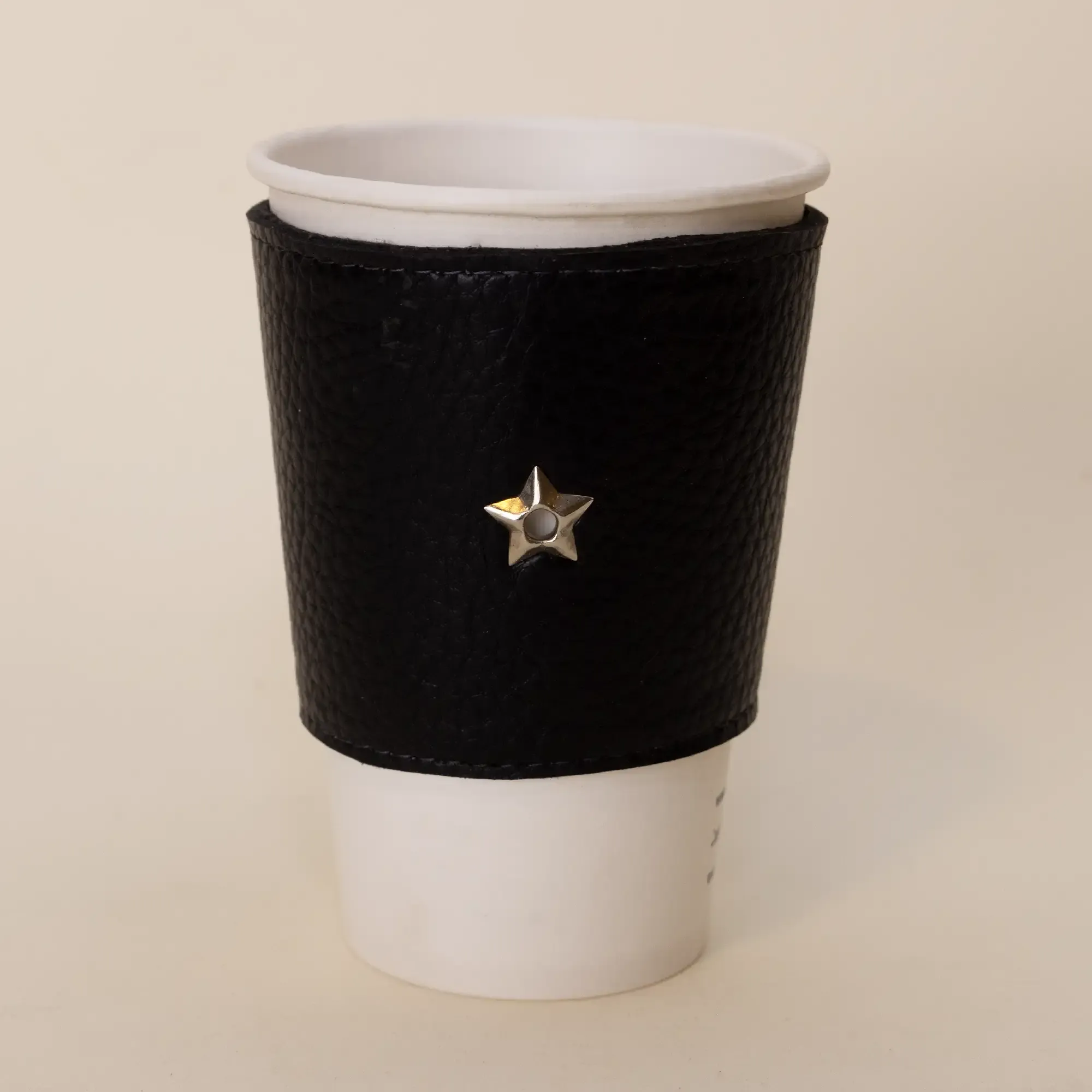 Handcrafted Black Natural Leather Cup Sleeve with Star Design