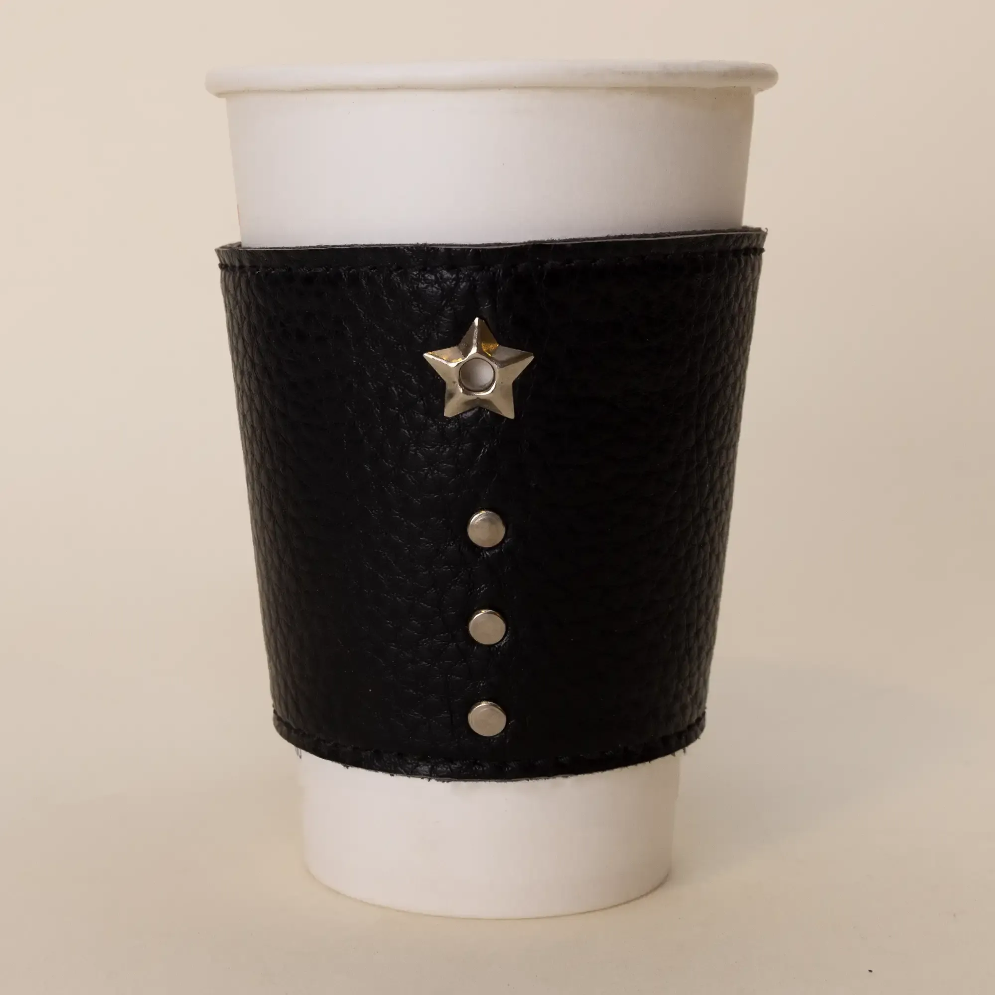 Black Natural Leather Cup Sleeve with Star and Metal Studs