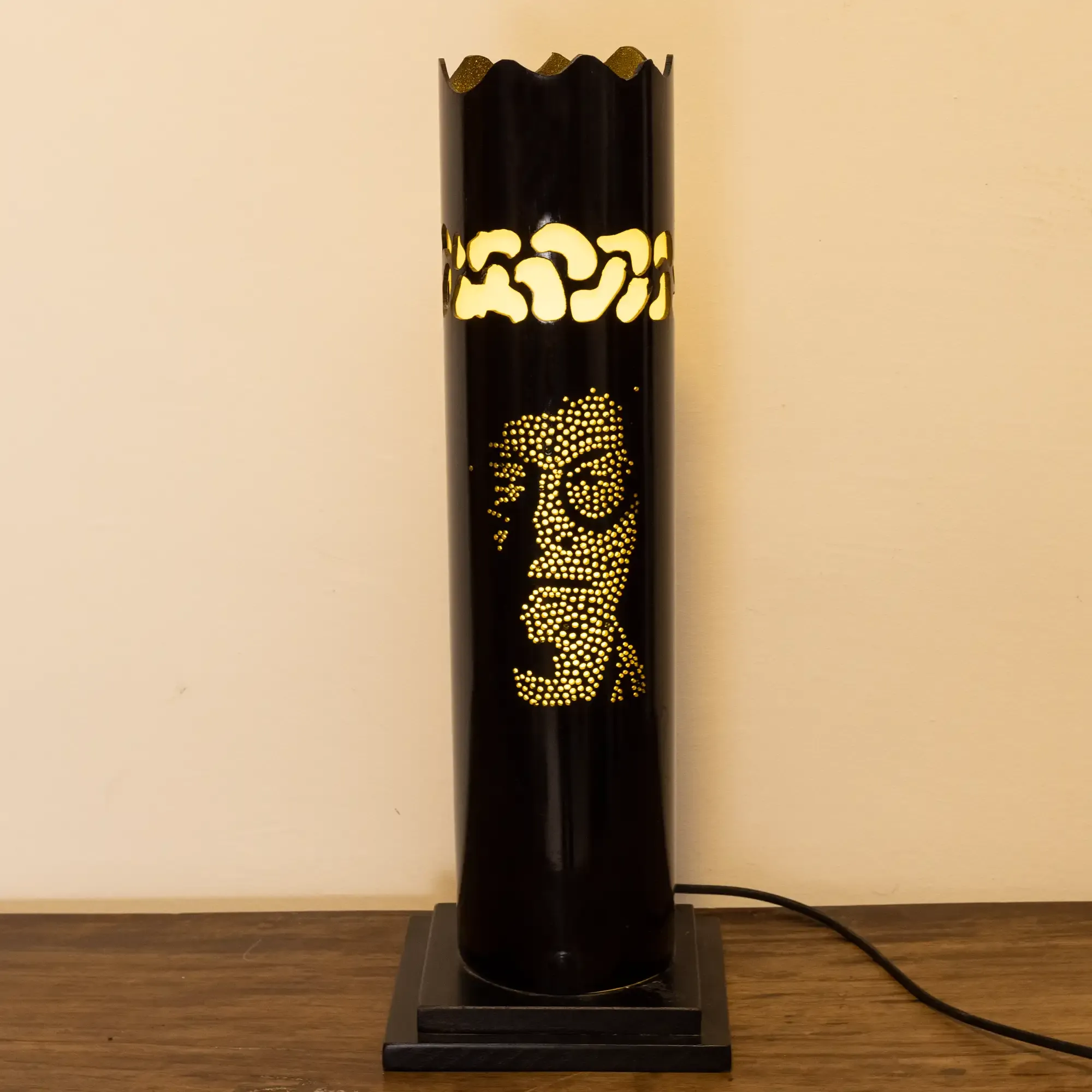 Black Acrylic Table Lamp with Abstract Face and Warm Light