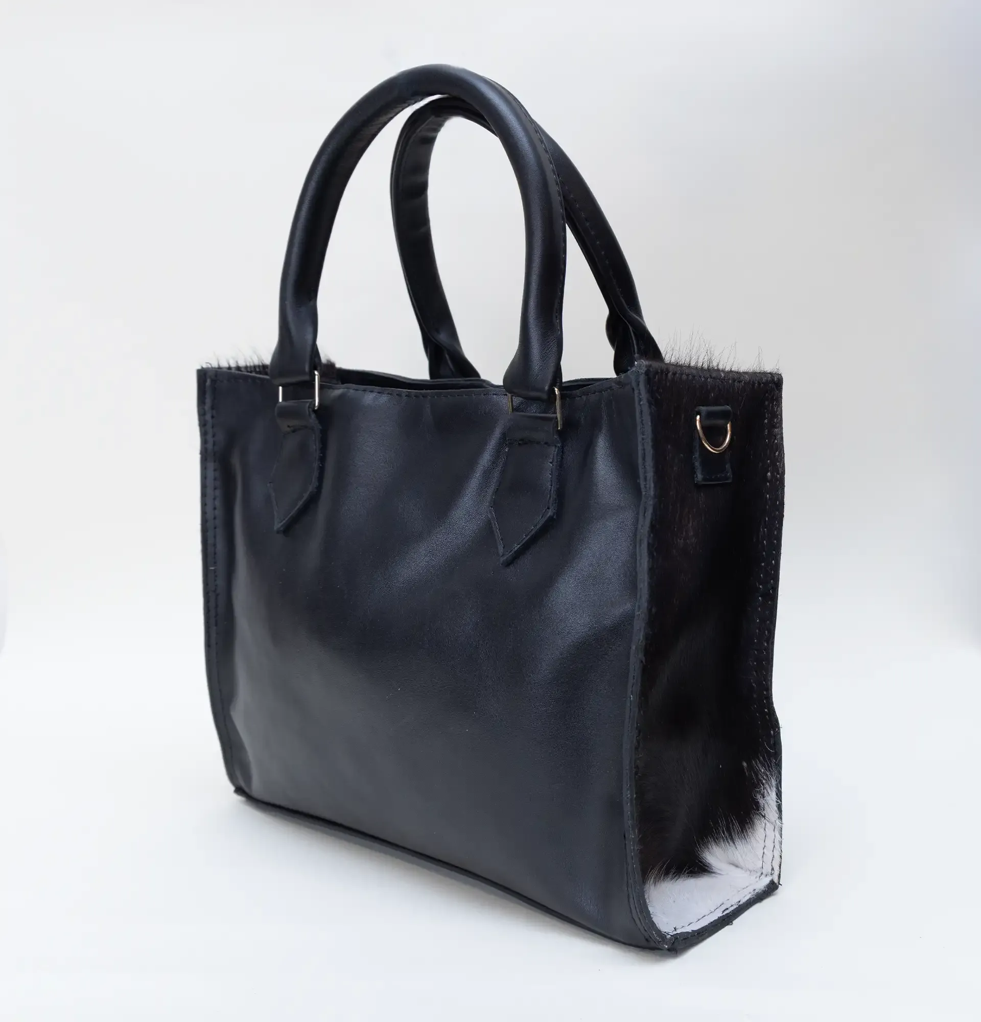Handcrafted Black Leather Handbag with Structured Top Handles