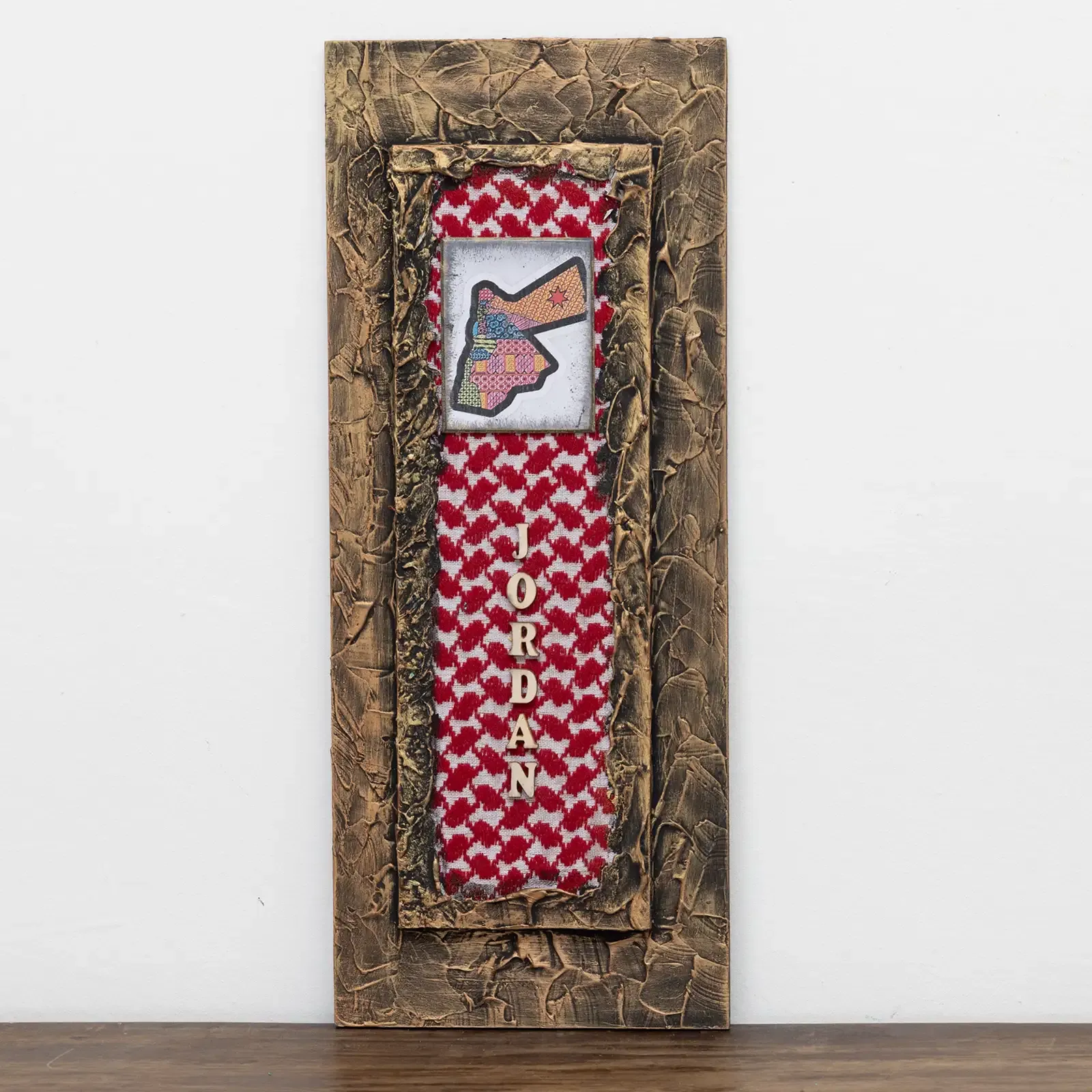Artisan Jordan Map and Red Keffiyeh Panel Wall-Mounted Key Holder