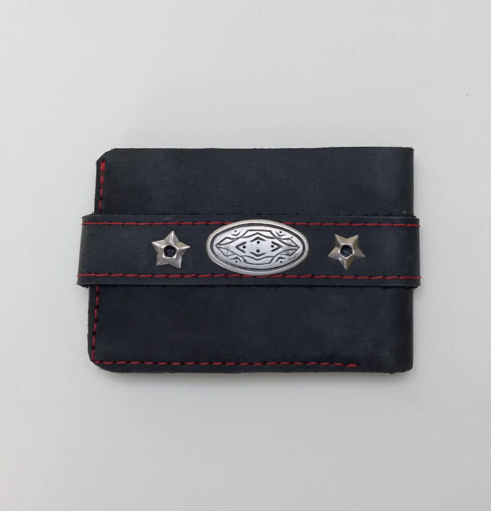 Handcrafted Black Red-Stitched Emblem Wallet with Artisan Character