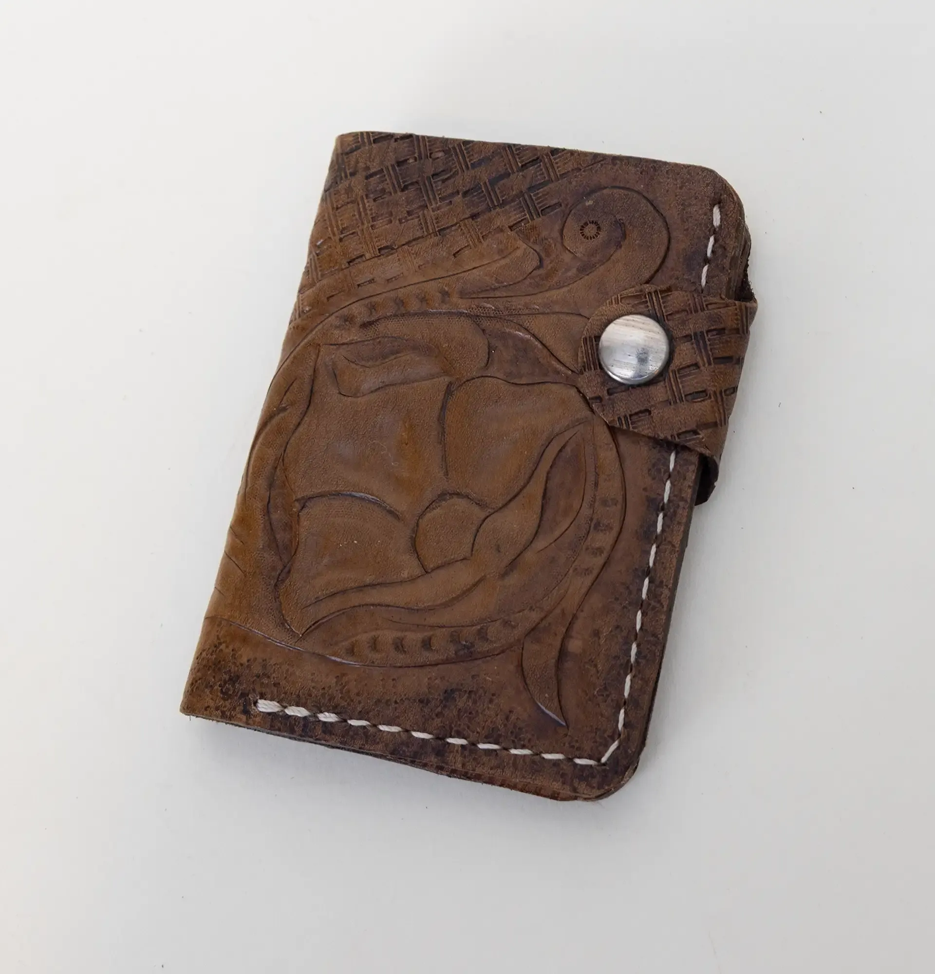 Handcrafted Hand-Carved Brown Leather Wallet with Artisan Character