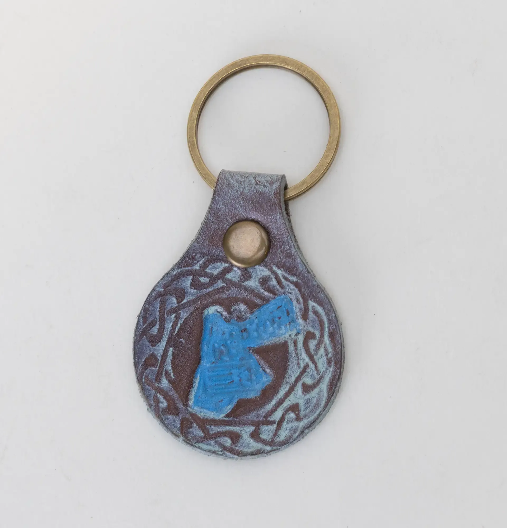 Artisan Natural Leather Keychain with Blue Jordan Map Silhouette