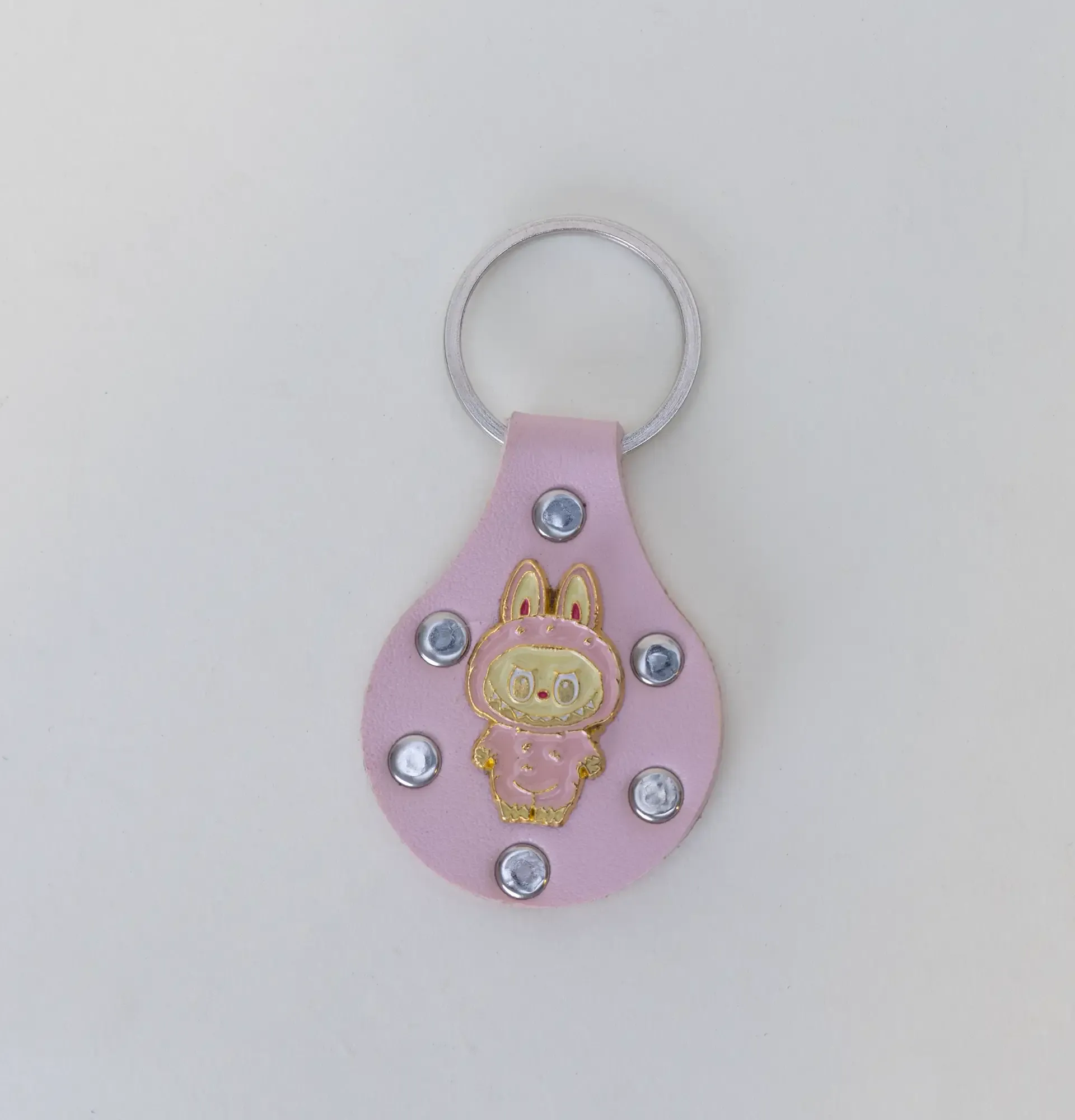 Leather Keychain with Pink Labubu Character Handcrafted Design