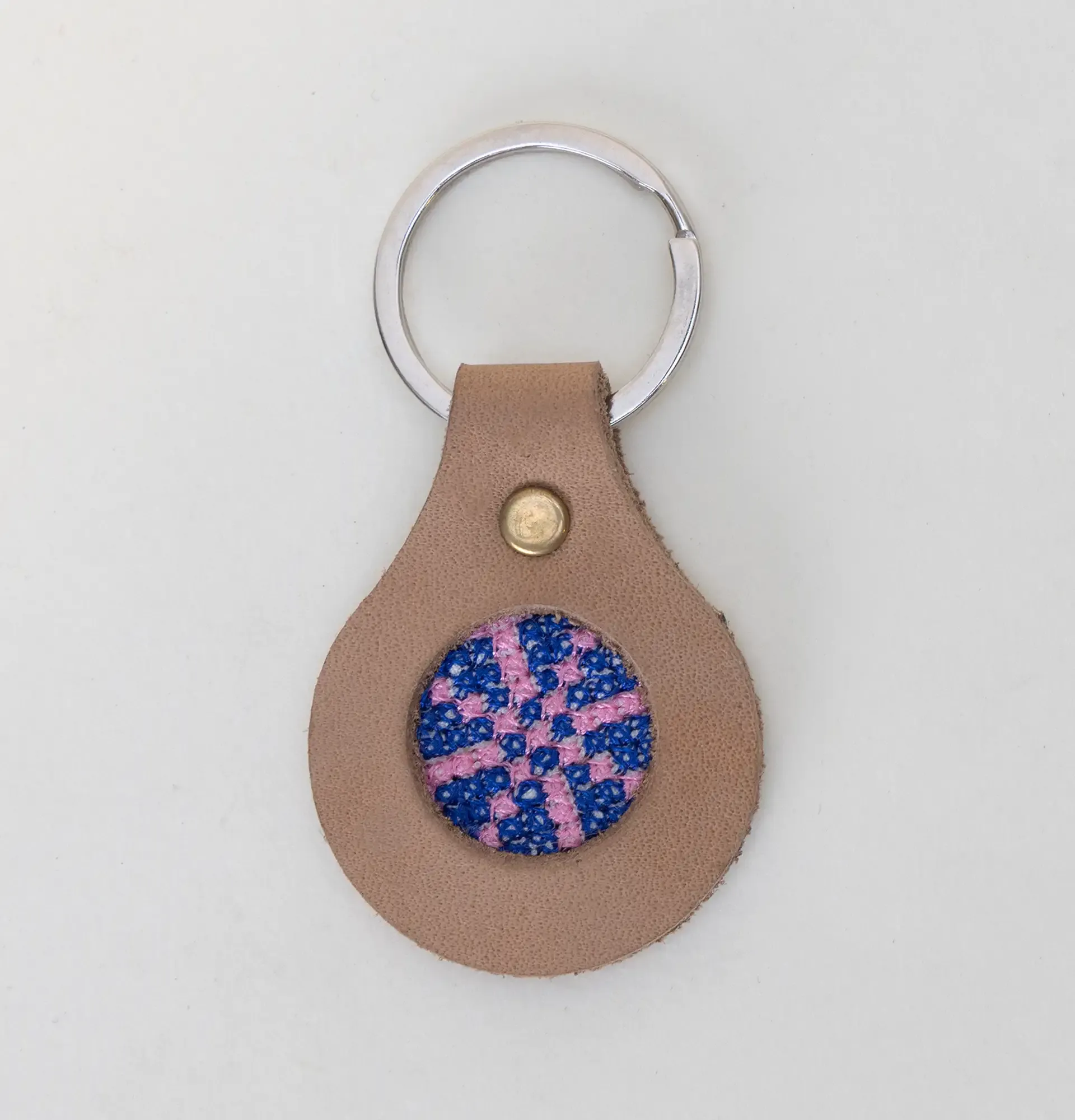 Handcrafted Leather Keychain with Blue and Pink Mosaic Medallion
